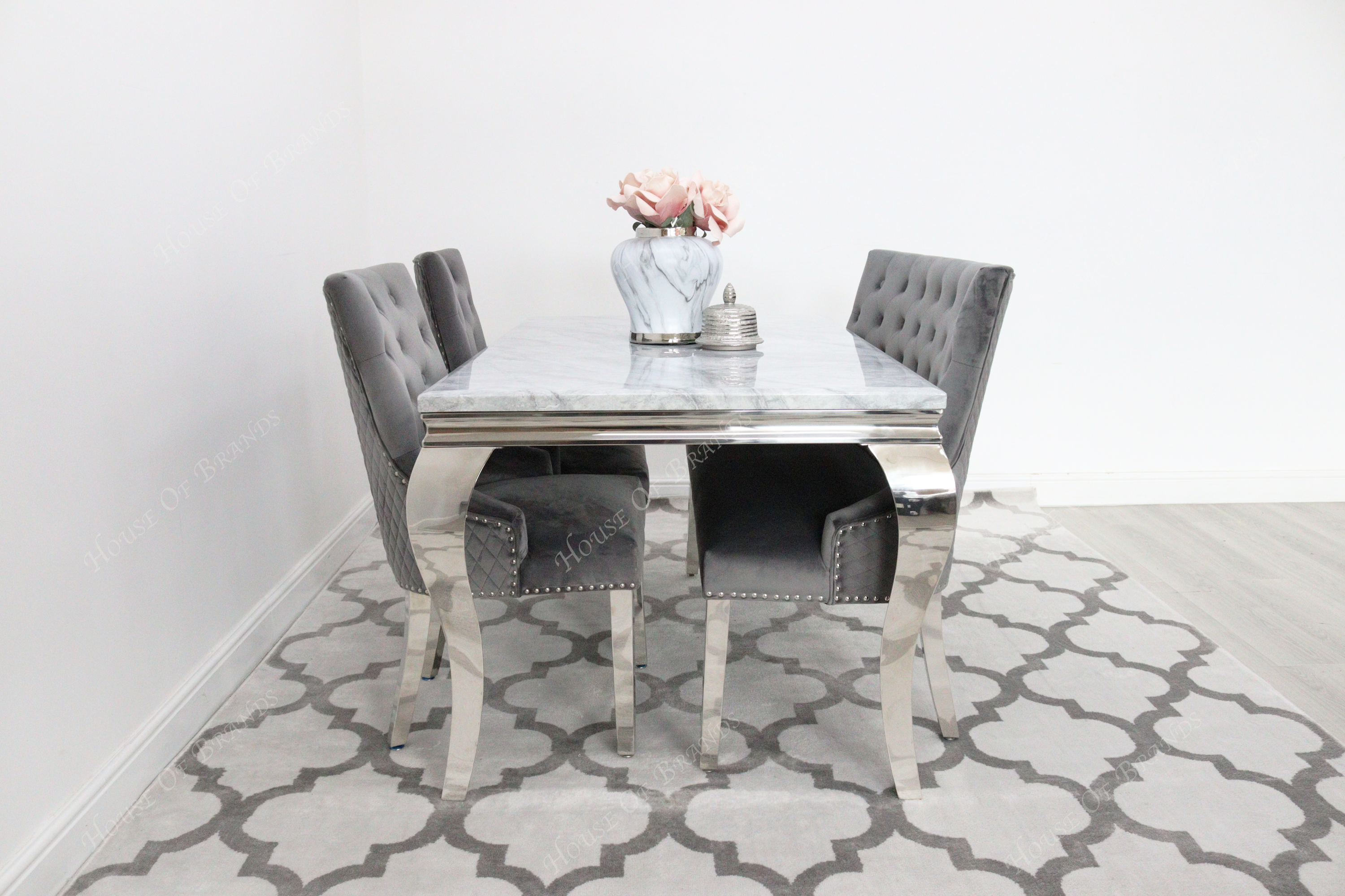 150cm Louis Marble Dining Table with 2 Majestic Velvet Knockerback Chairs and Majestic High Back Dining Bench