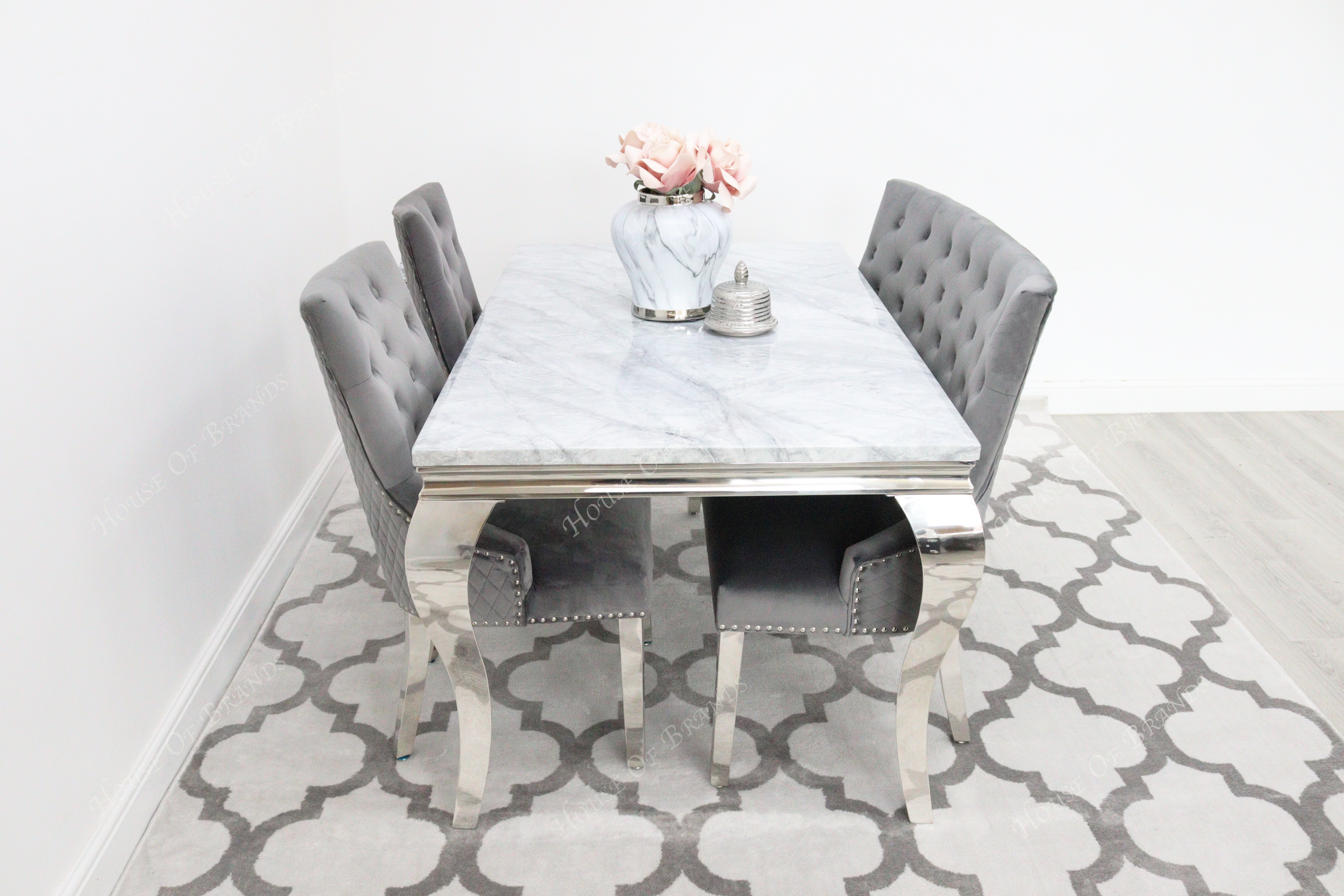 150cm Louis Marble Dining Table with 2 Majestic Velvet Knockerback Chairs and Majestic High Back Dining Bench