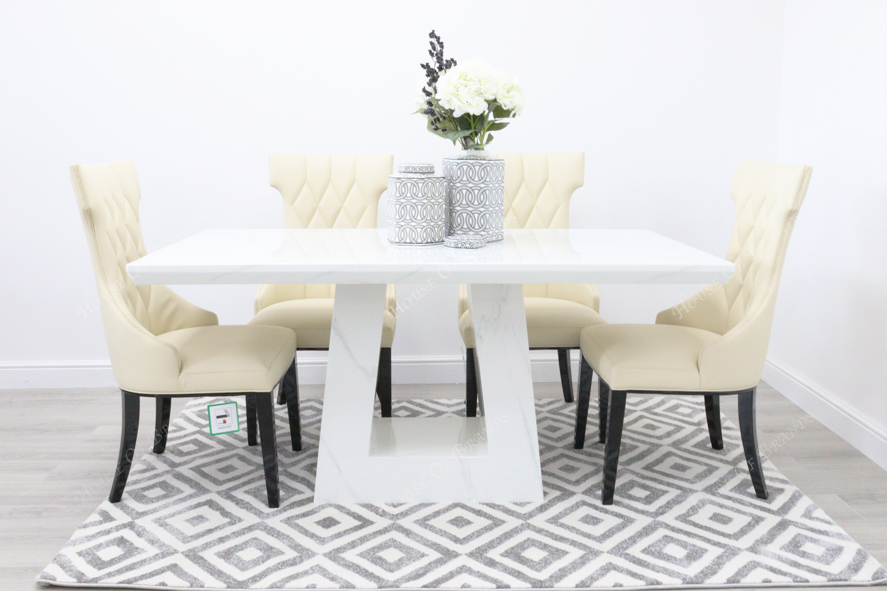 Milan White Marble Dining Table with 4 Mimi Cream Leather Dining Chairs