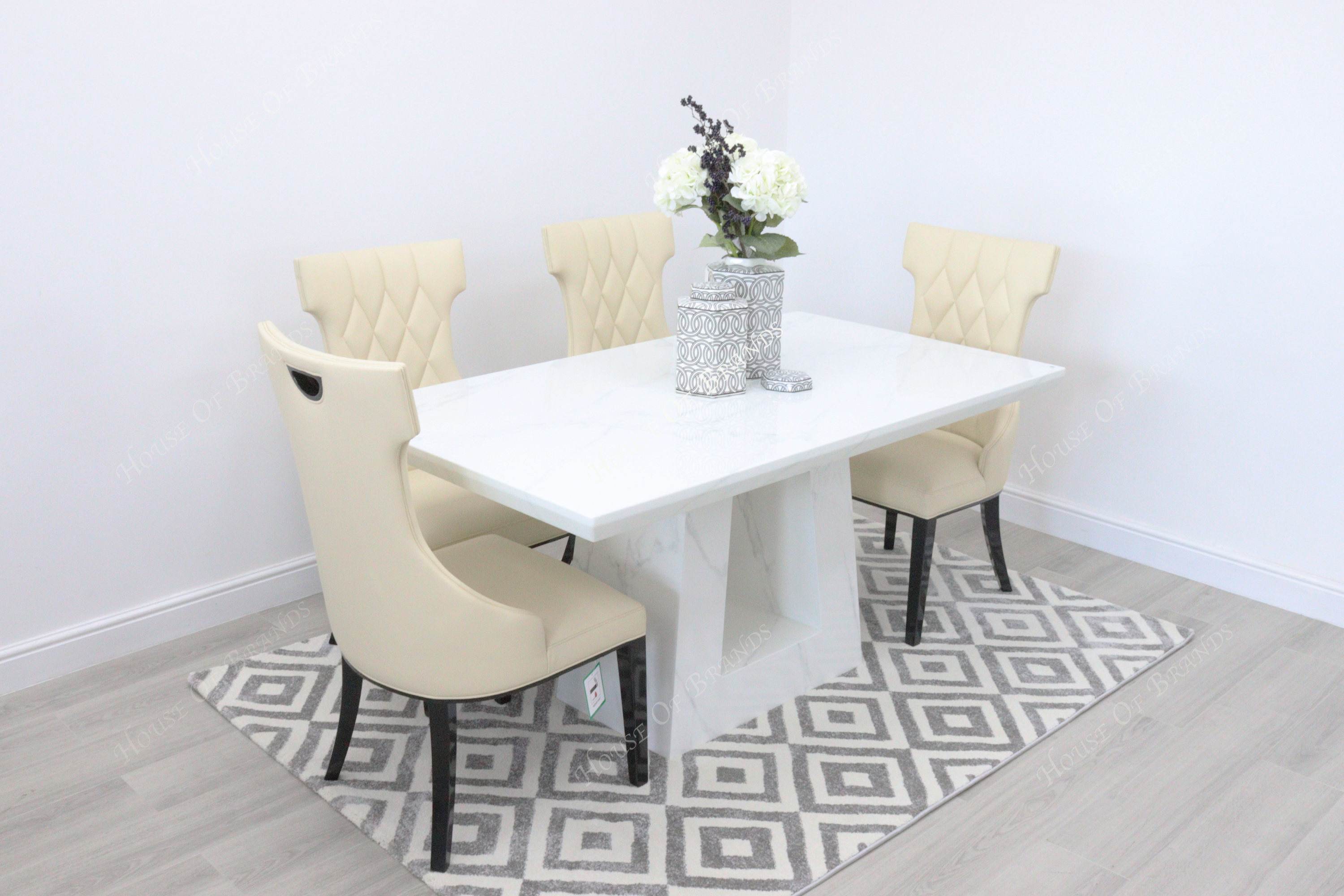 Milan White Marble Dining Table with 4 Mimi Cream Leather Dining Chairs