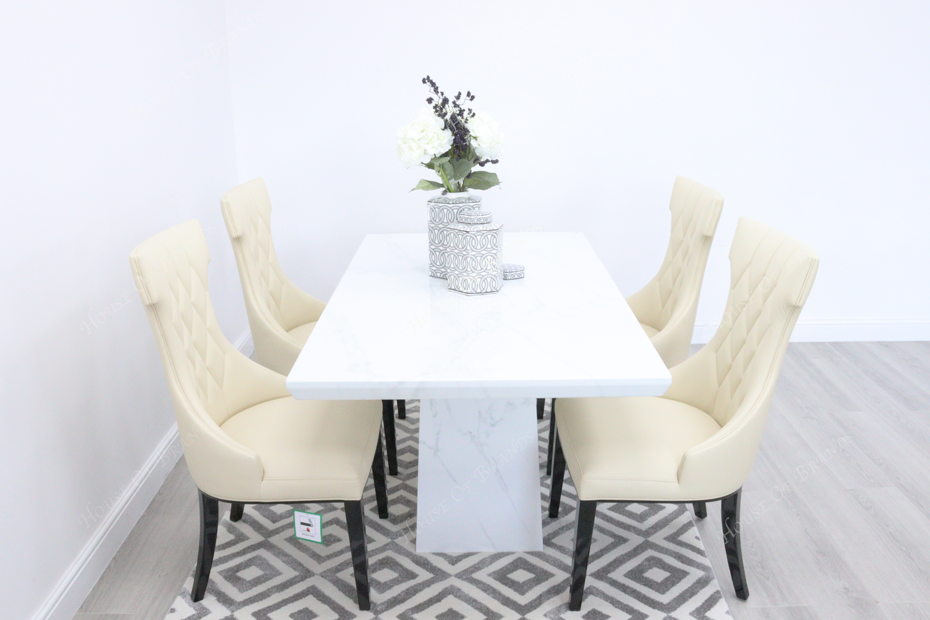 Milan White Marble Dining Table with 4 Mimi Cream Leather Dining Chairs