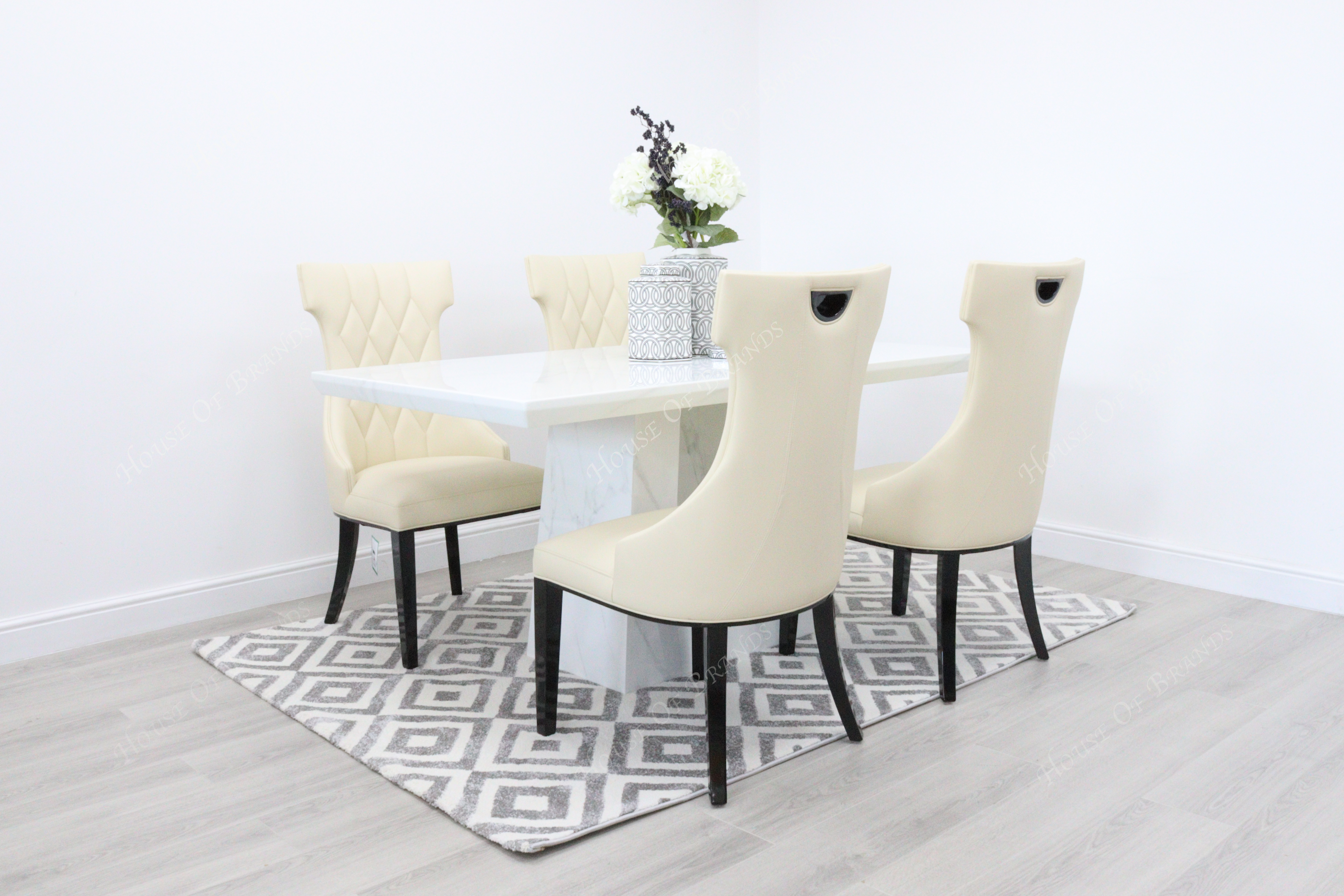 Milan White Marble Dining Table with 4 Mimi Cream Leather Dining Chairs