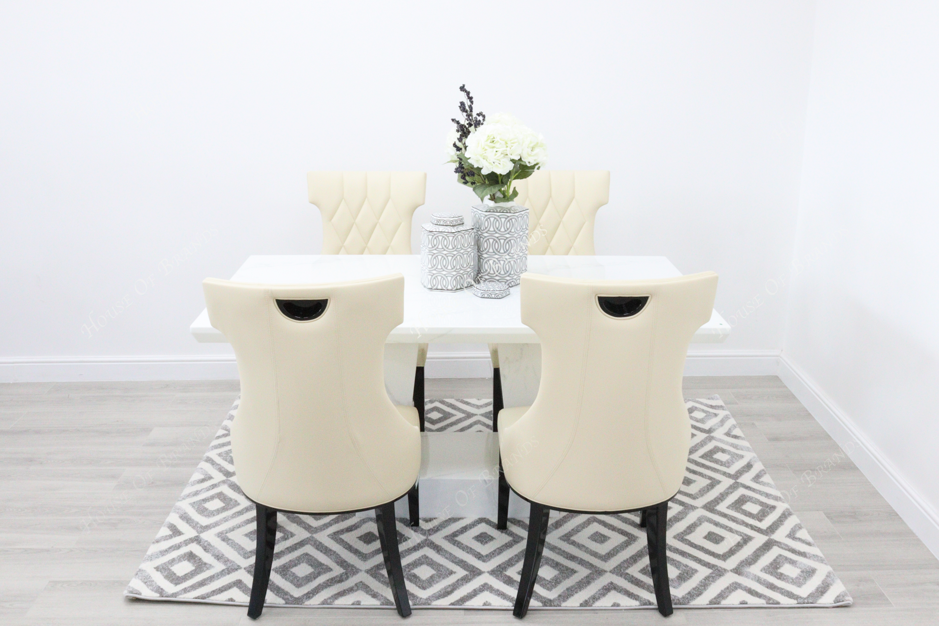 Milan White Marble Dining Table with 4 Mimi Cream Leather Dining Chairs