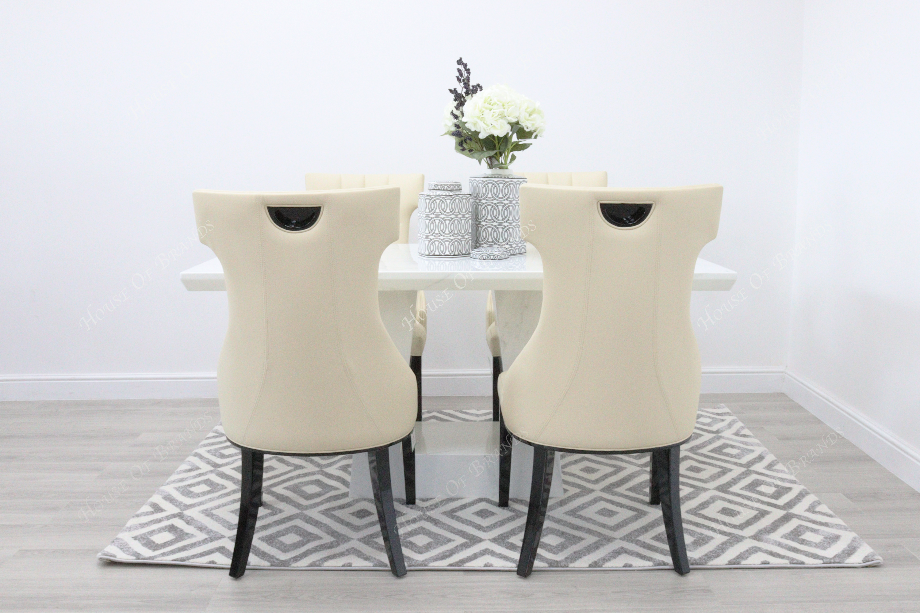 Milan White Marble Dining Table with 4 Mimi Cream Leather Dining Chairs