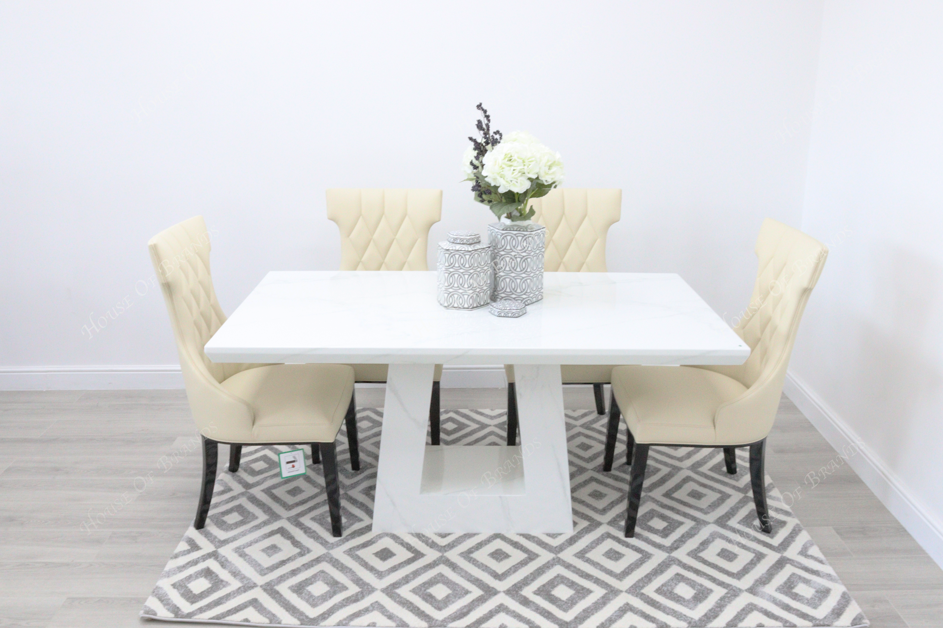 Milan White Marble Dining Table with 4 Mimi Cream Leather Dining Chairs