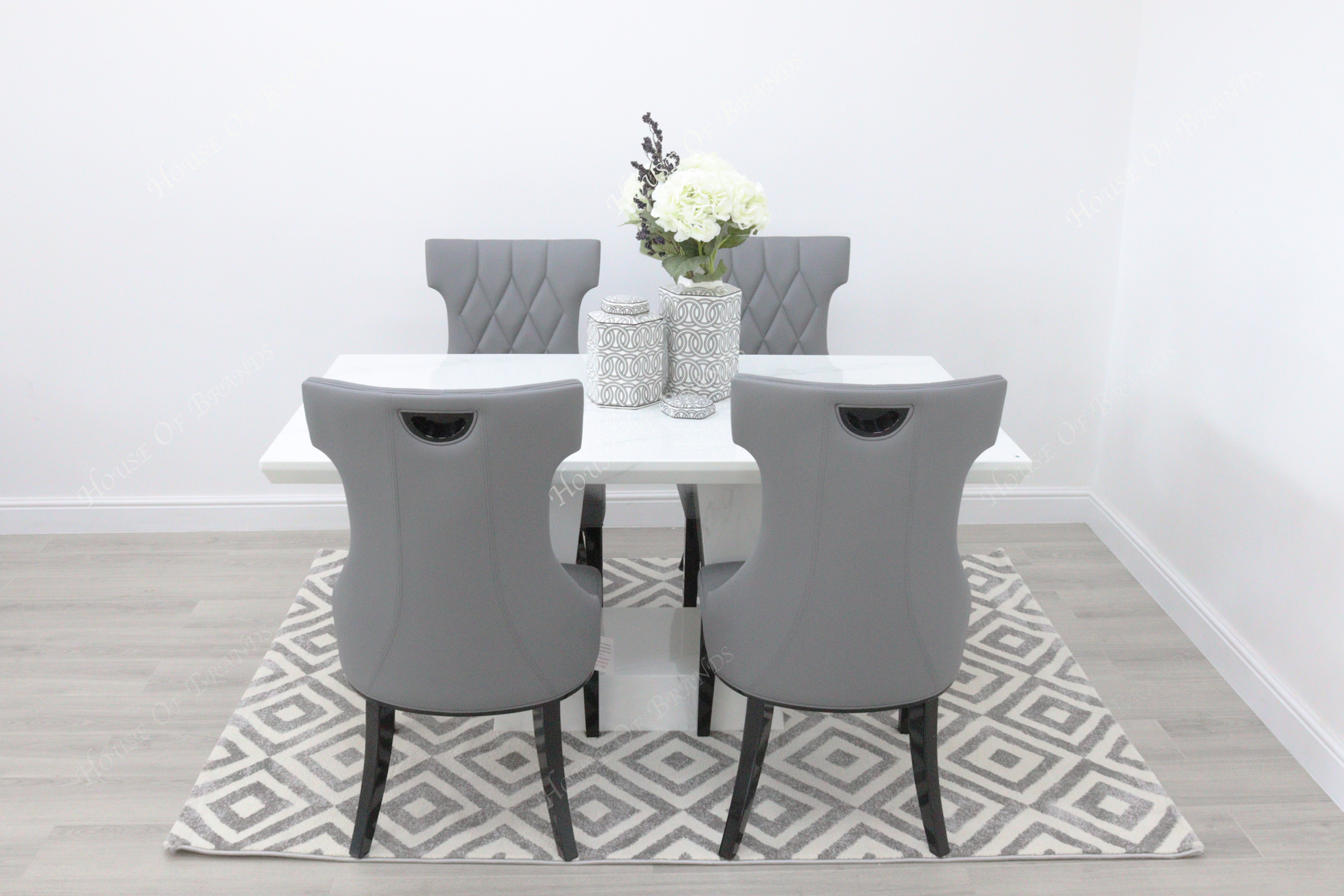 Milan White Marble Dining Table with 4 Mimi Grey Leather Dining Chairs