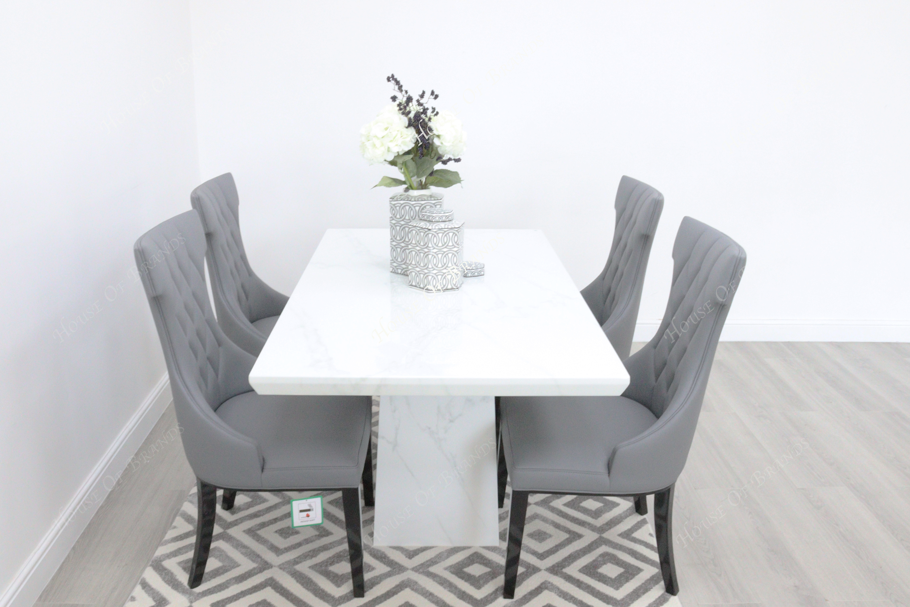 Milan White Marble Dining Table with 4 Mimi Grey Leather Dining Chairs