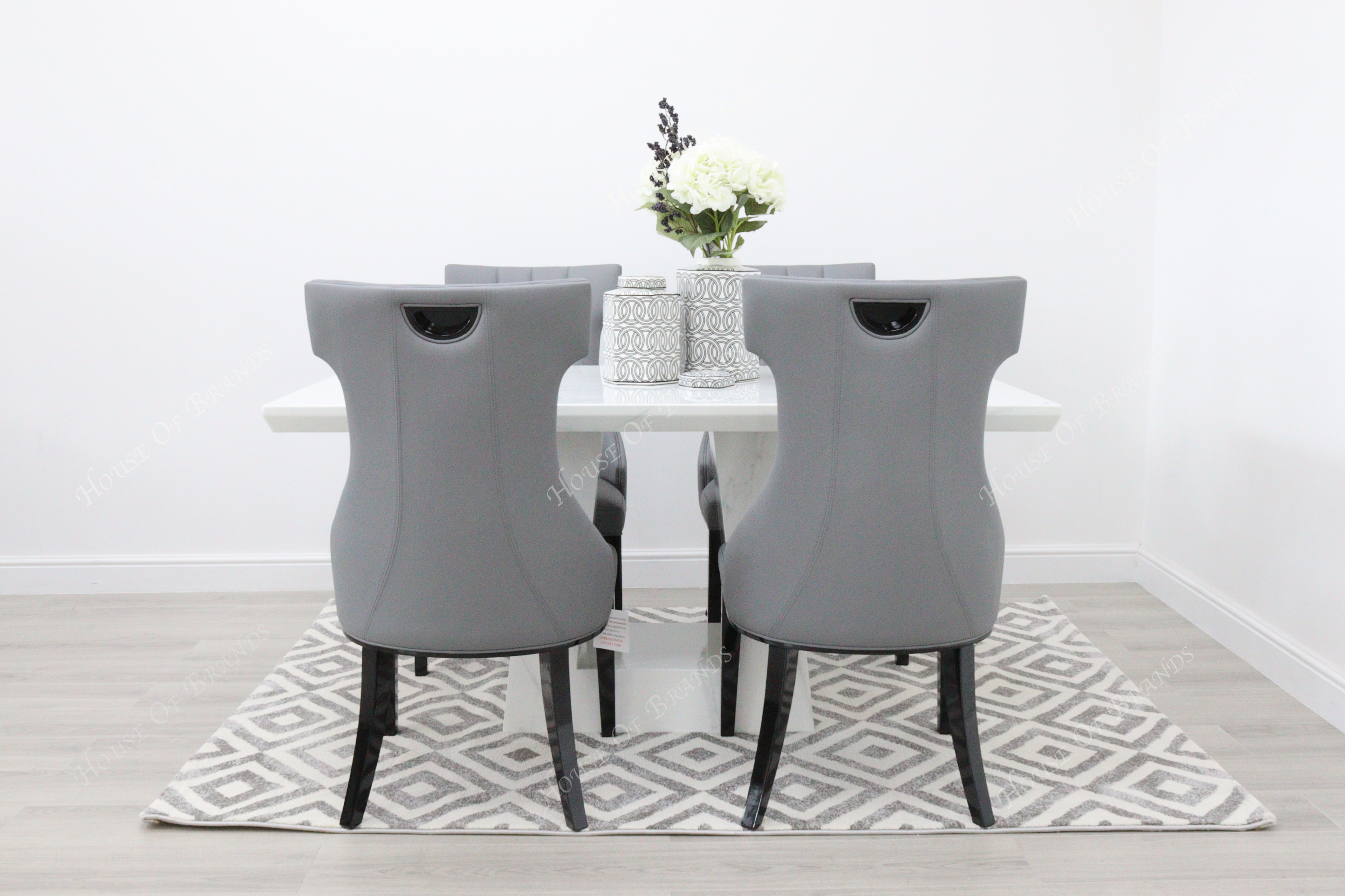 Milan White Marble Dining Table with 4 Mimi Grey Leather Dining Chairs