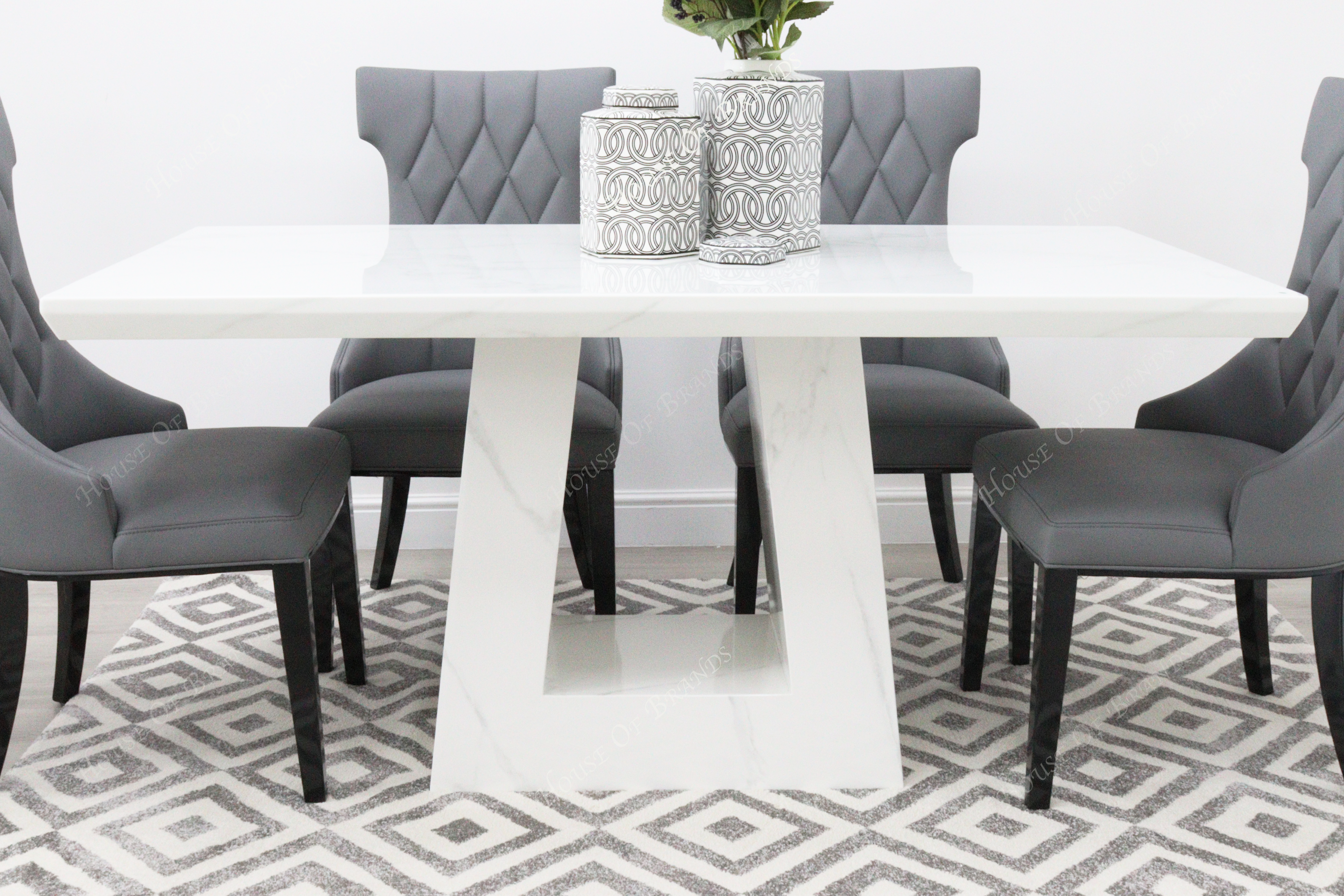 Milan White Marble Dining Table with 4 Mimi Grey Leather Dining Chairs