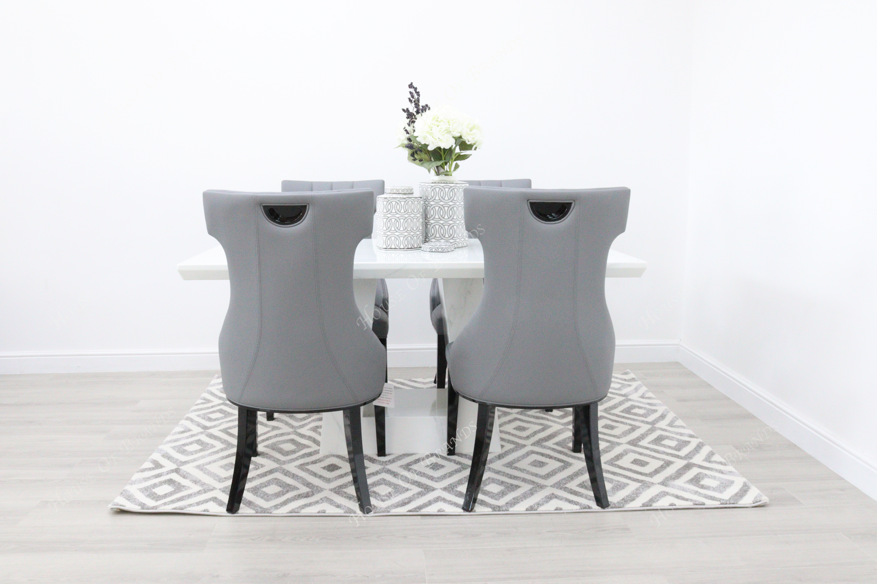 Milan White Marble Dining Table with 4 Mimi Grey Leather Dining Chairs