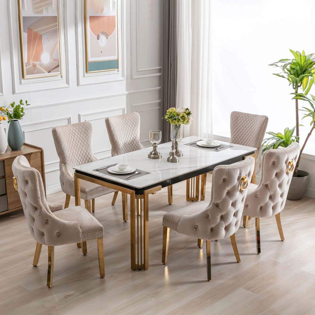 180cm Sorrento Rectangle Gold Ceramic Dining Table & Cream and Gold Victoria Gold Velvet Knockerback Chairs