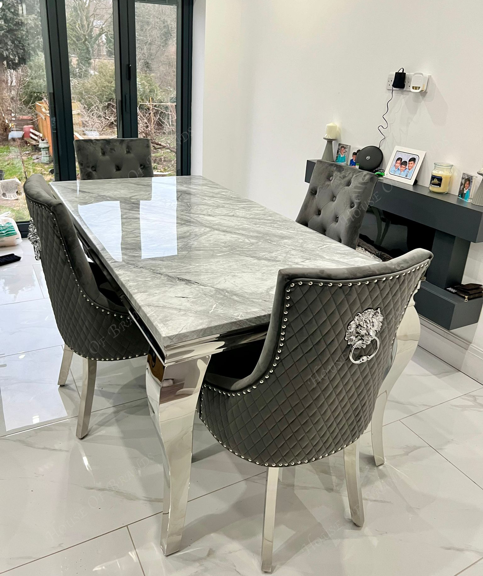180cm Louis Marble Dining Table with 4 Majestic Knockerback Velvet Chairs