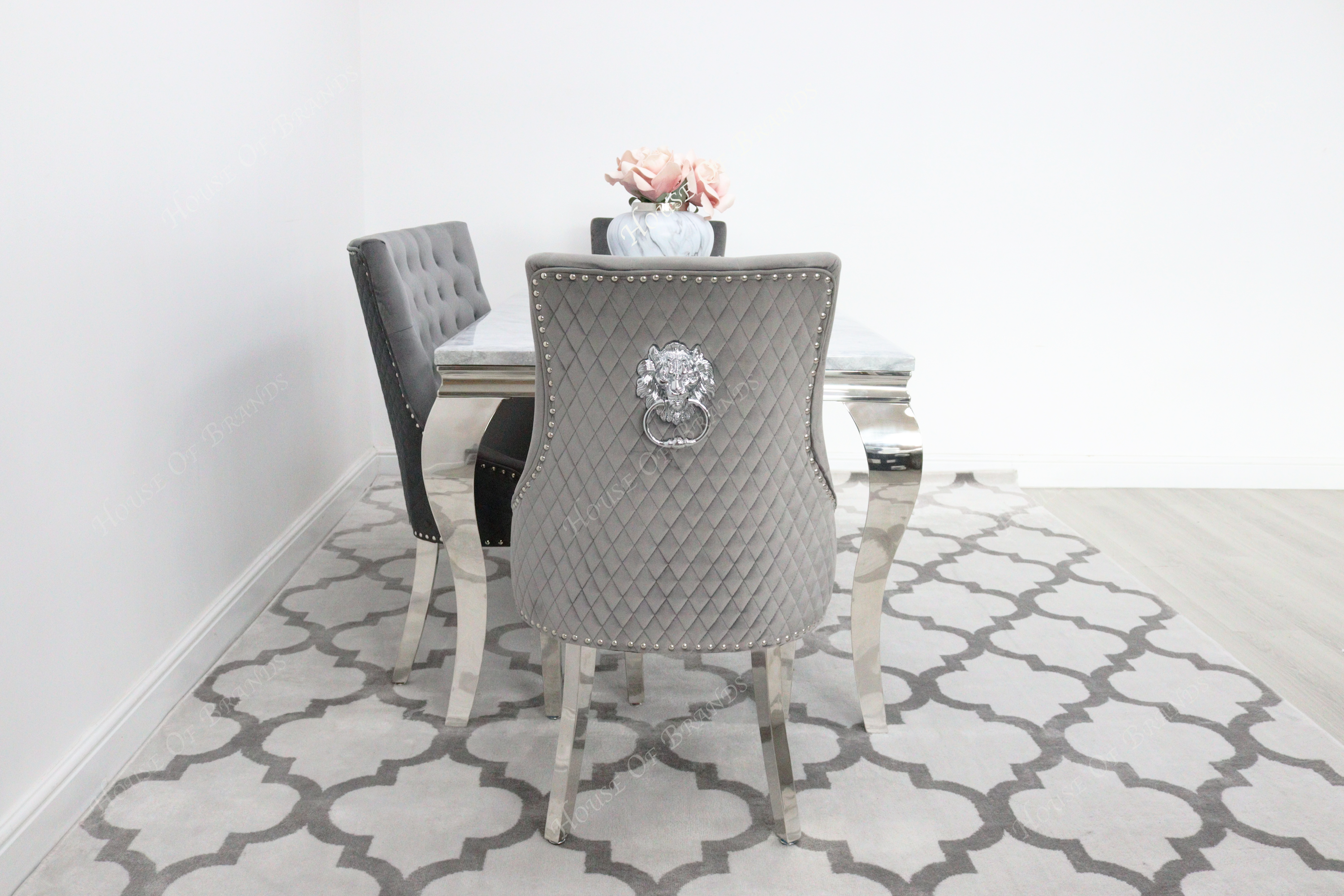 180cm Louis Marble Dining Table with 2 Majestic Knockerback Velvet chairs and Majestic High Back Velvet Bench