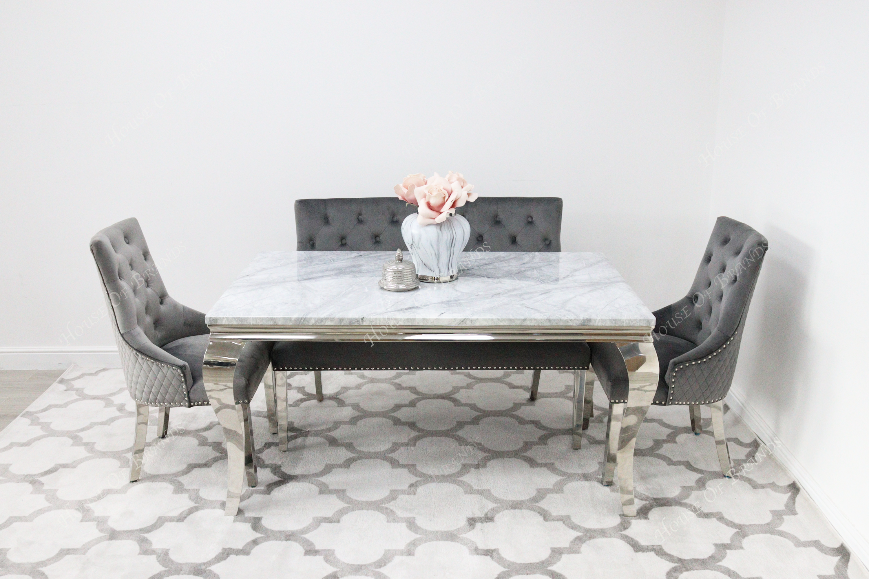 180cm Louis Marble Dining Table with 2 Majestic Knockerback Velvet chairs and Majestic High Back Velvet Bench