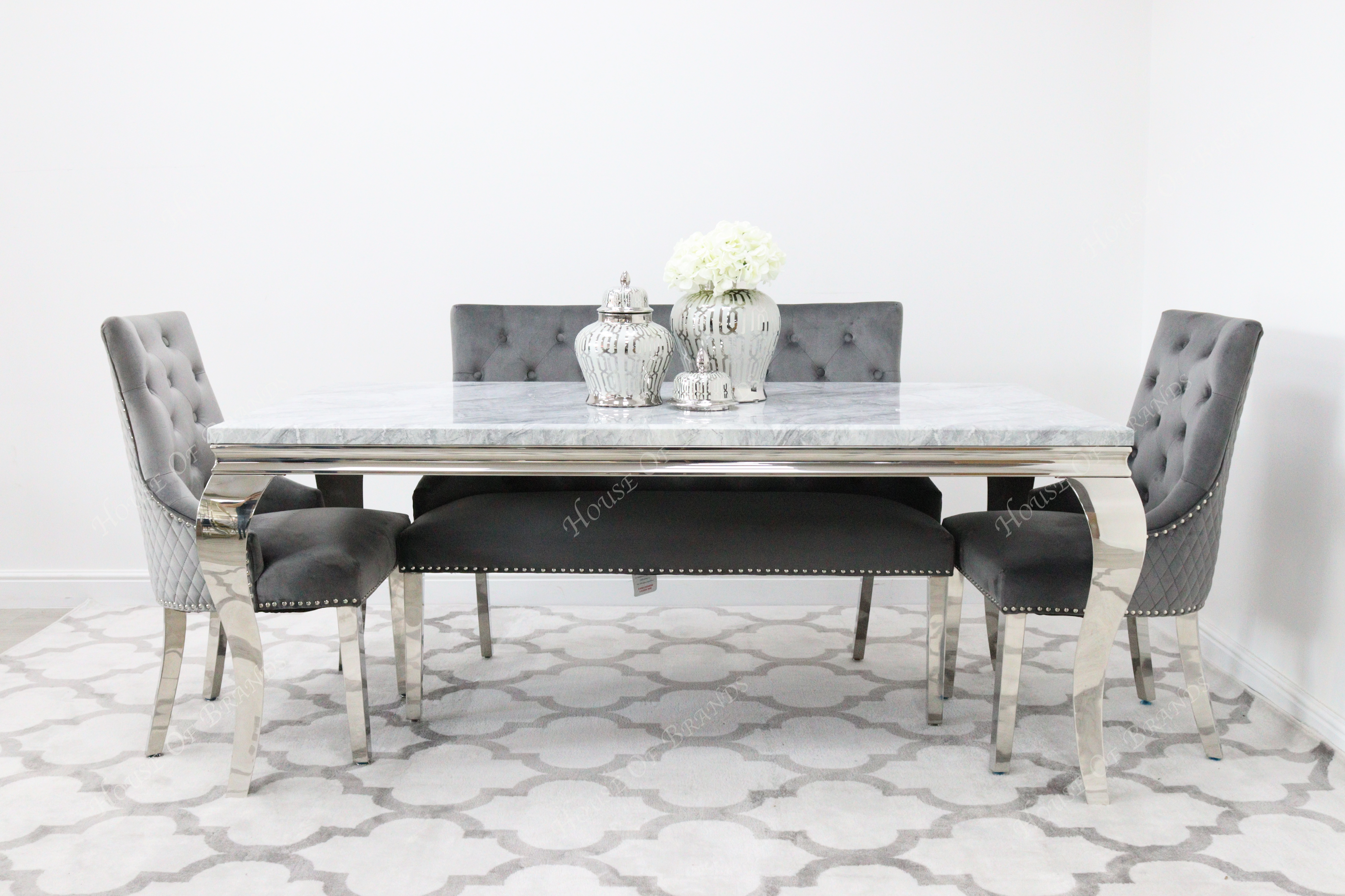 180cm Louis Marble Dining Table with 2 Majestic Knockerback Velvet chairs and Majestic High Back Velvet Bench