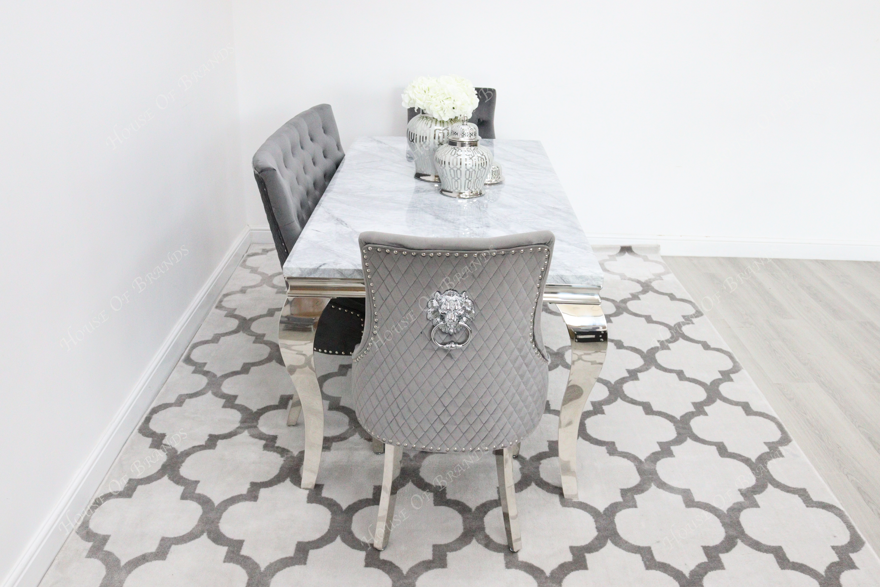 180cm Louis Marble Dining Table with 2 Majestic Knockerback Velvet chairs and Majestic High Back Velvet Bench