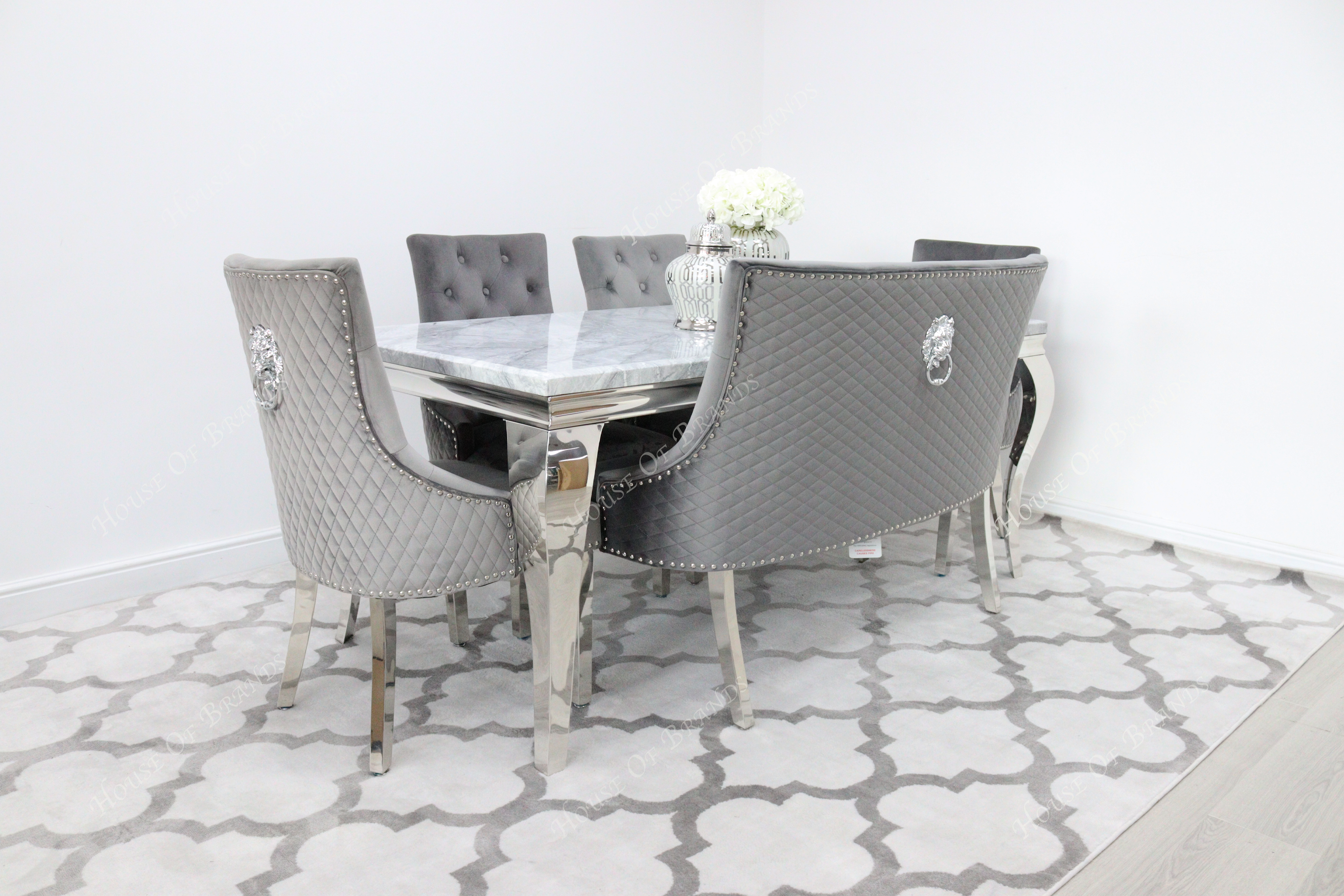 180cm Louis Marble Dining Table with 4 Majestic Knockerback Velvet chairs and Majestic High Back Velvet Bench