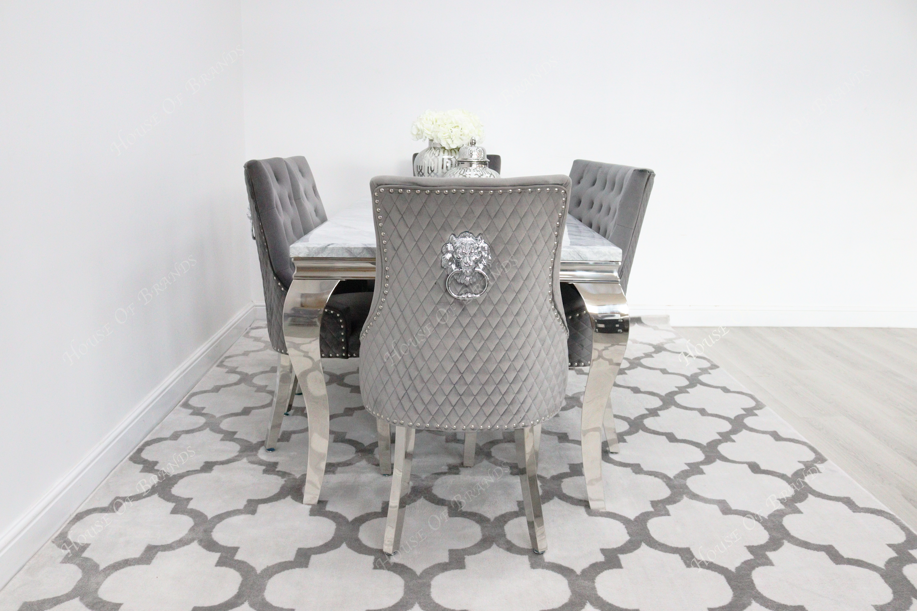 180cm Louis Marble Dining Table with 4 Majestic Knockerback Velvet chairs and Majestic High Back Velvet Bench