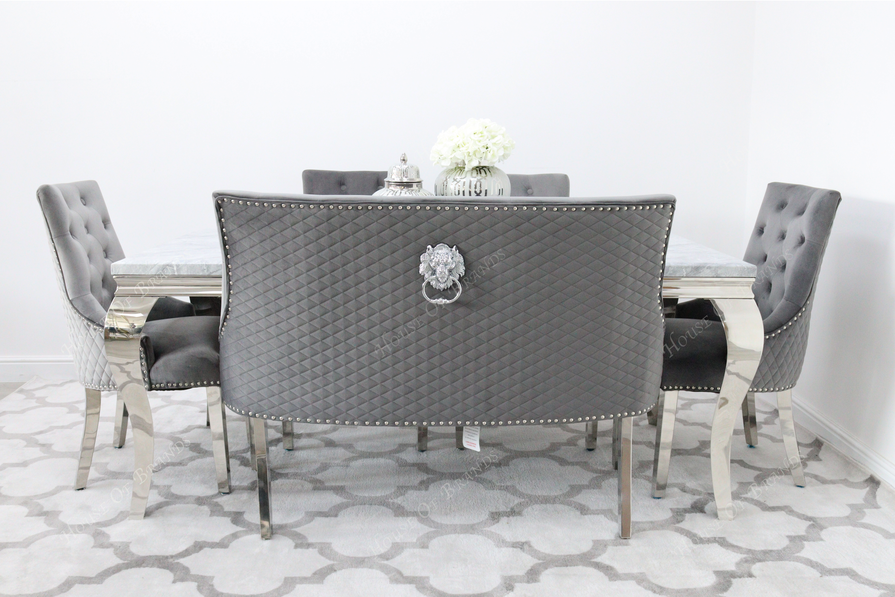 180cm Louis Marble Dining Table with 4 Majestic Knockerback Velvet chairs and Majestic High Back Velvet Bench