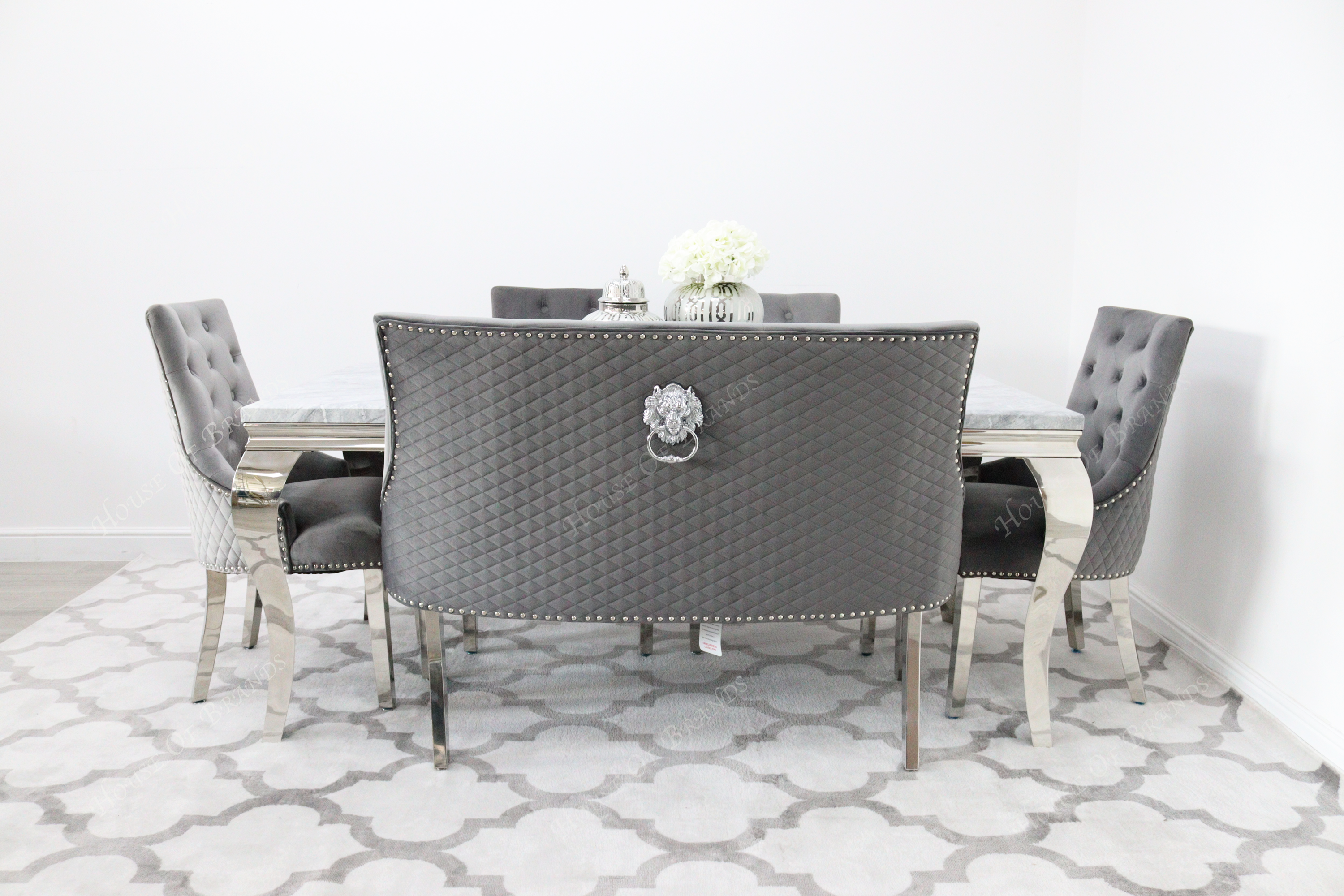 180cm Louis Marble Dining Table with 4 Majestic Knockerback Velvet chairs and Majestic High Back Velvet Bench