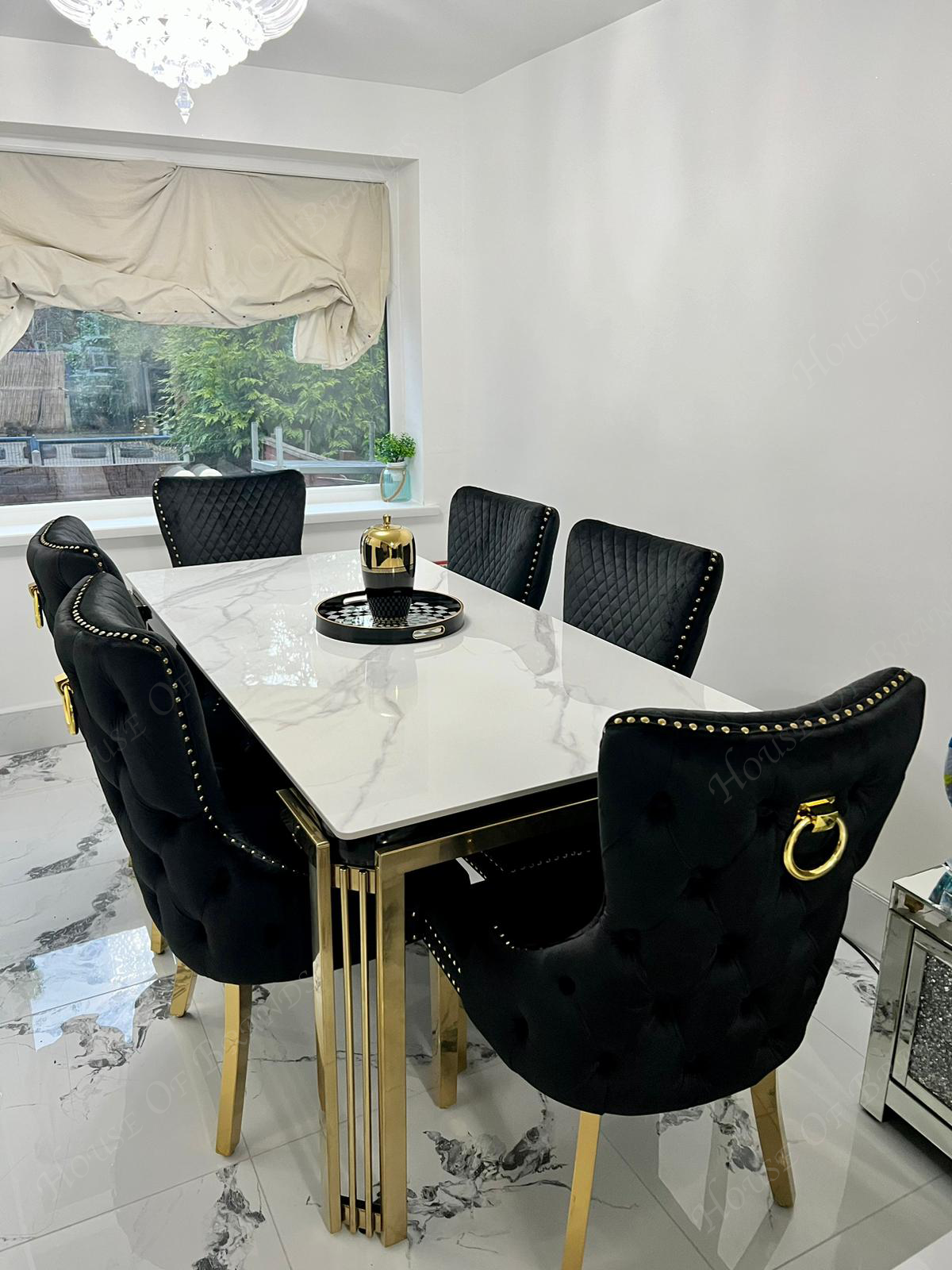 180cm Sorrento Rectangle Gold Ceramic Dining Table and Black Victoria Gold Dining Chairs