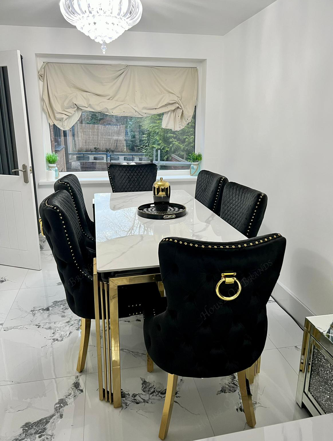 180cm Sorrento Rectangle Gold Ceramic Dining Table and Black Victoria Gold Dining Chairs