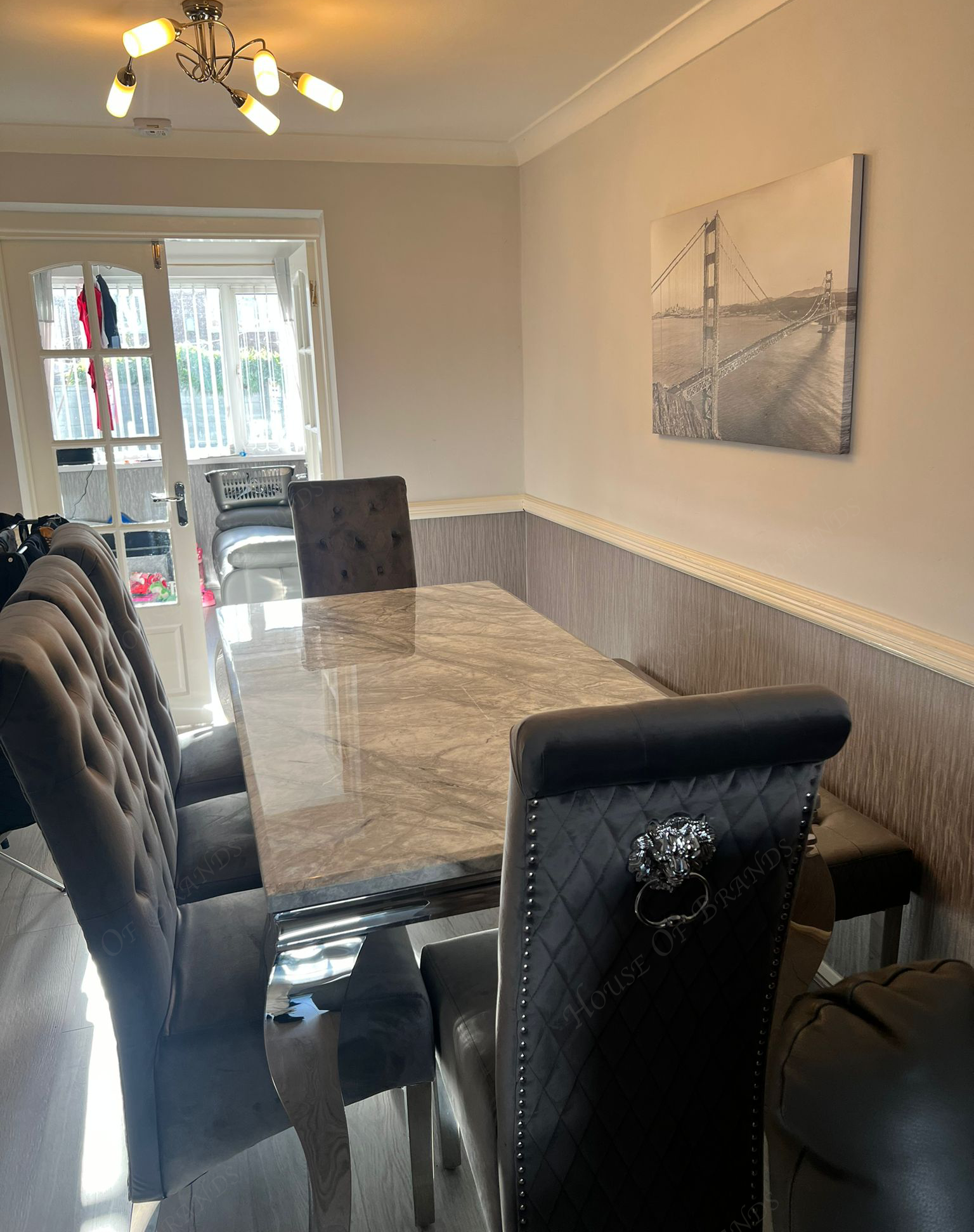 180cm Louis Marble Dining Table with 5 Emma Knockerback Velvet chairs and Majestic Velvet Bench