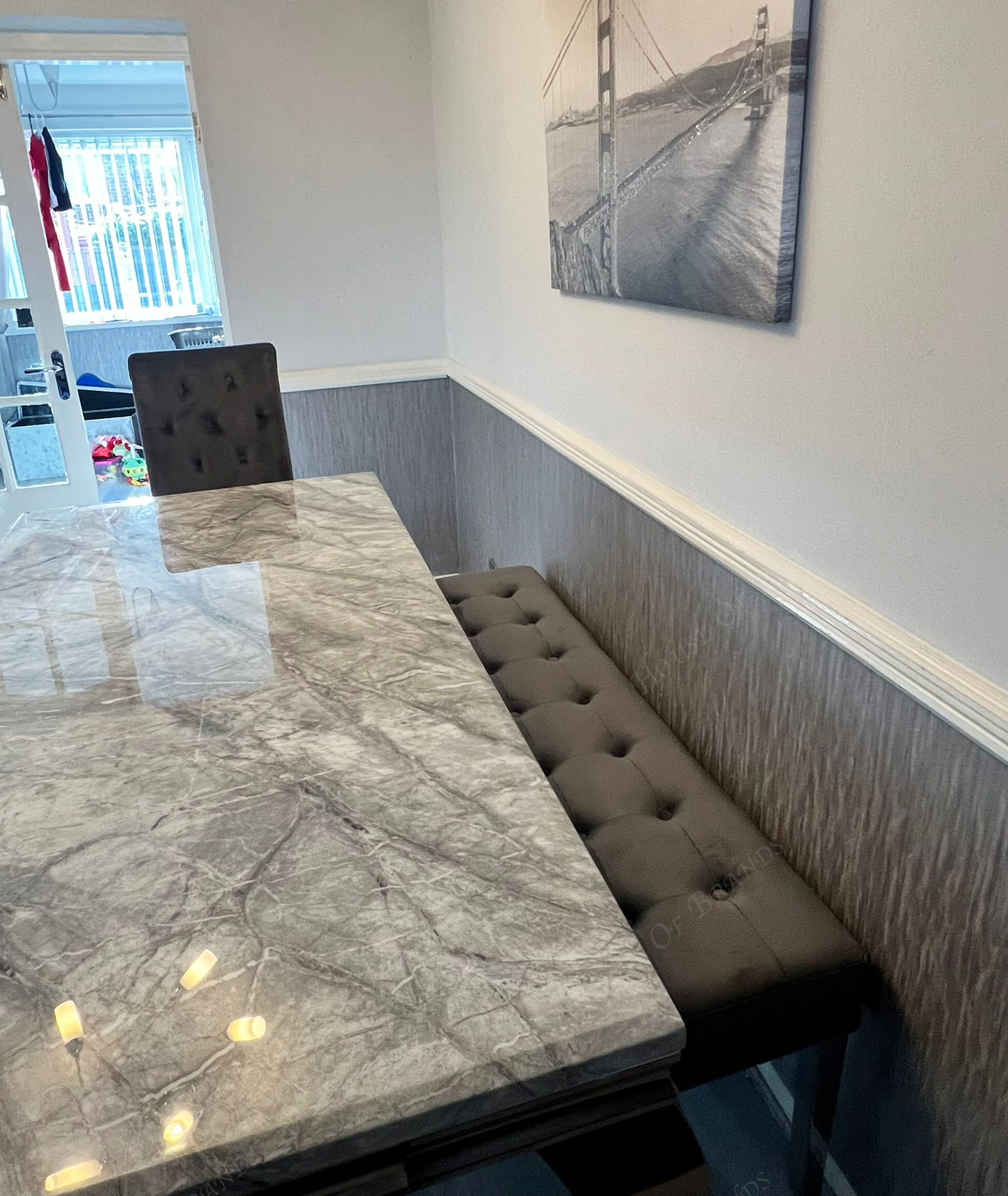 180cm Louis Marble Dining Table with 5 Emma Knockerback Velvet chairs and Majestic Velvet Bench