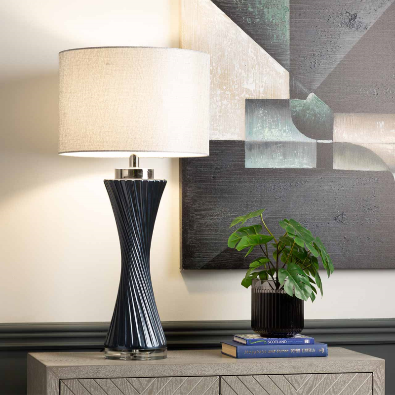 78cm Dark Blue Twist Table Lamp with Grey Linen Shade