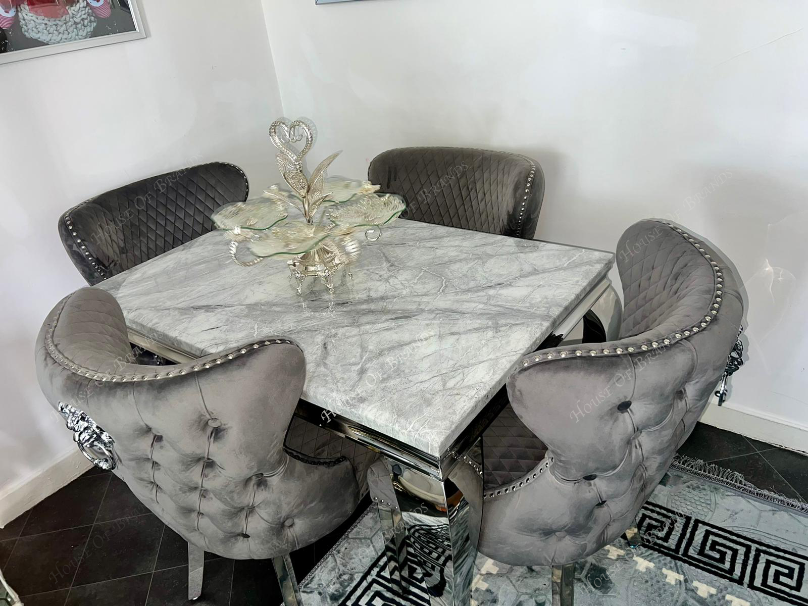 120cm Louis Marble Dining Table with 4 Valentino Knockerback Velvet Chairs