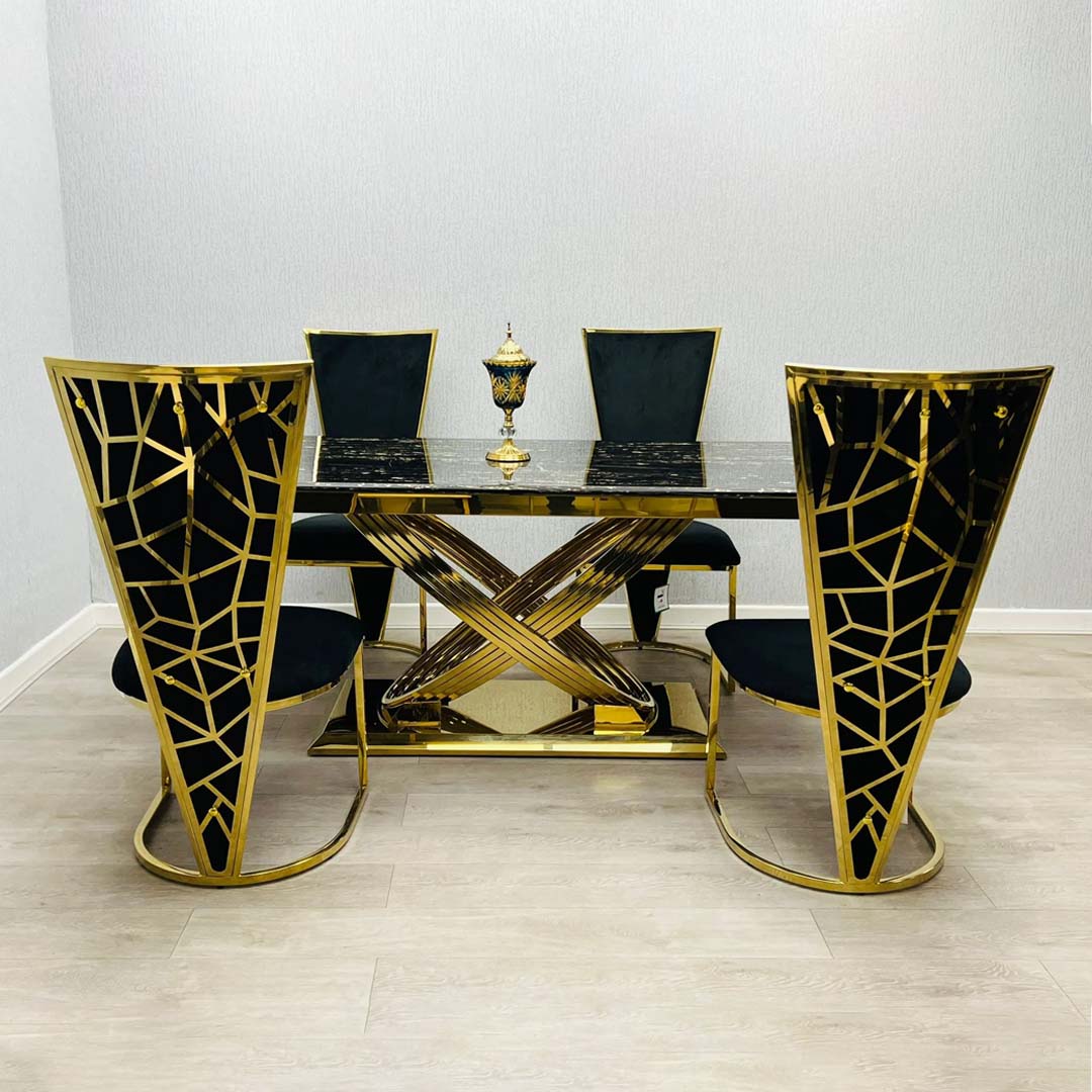 Elina 180cm Gold Dining Table With Florence High Back Velvet Gold Chairs