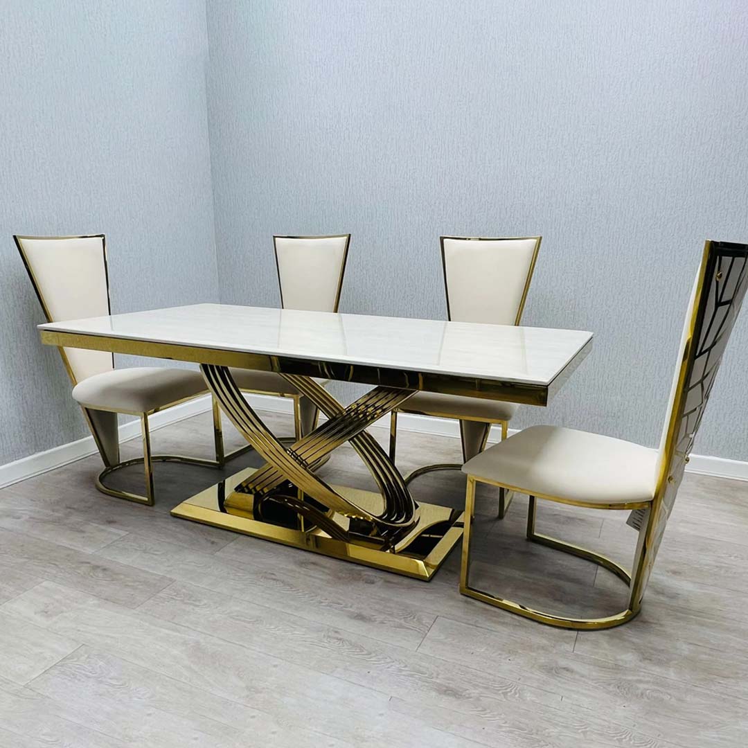 Elina 180cm Gold Dining Table With Florence High Back Velvet Gold Chairs