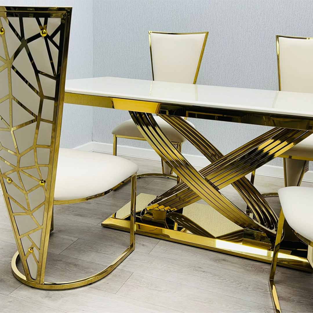 Elina 180cm Gold Dining Table With Florence High Back Velvet Gold Chairs