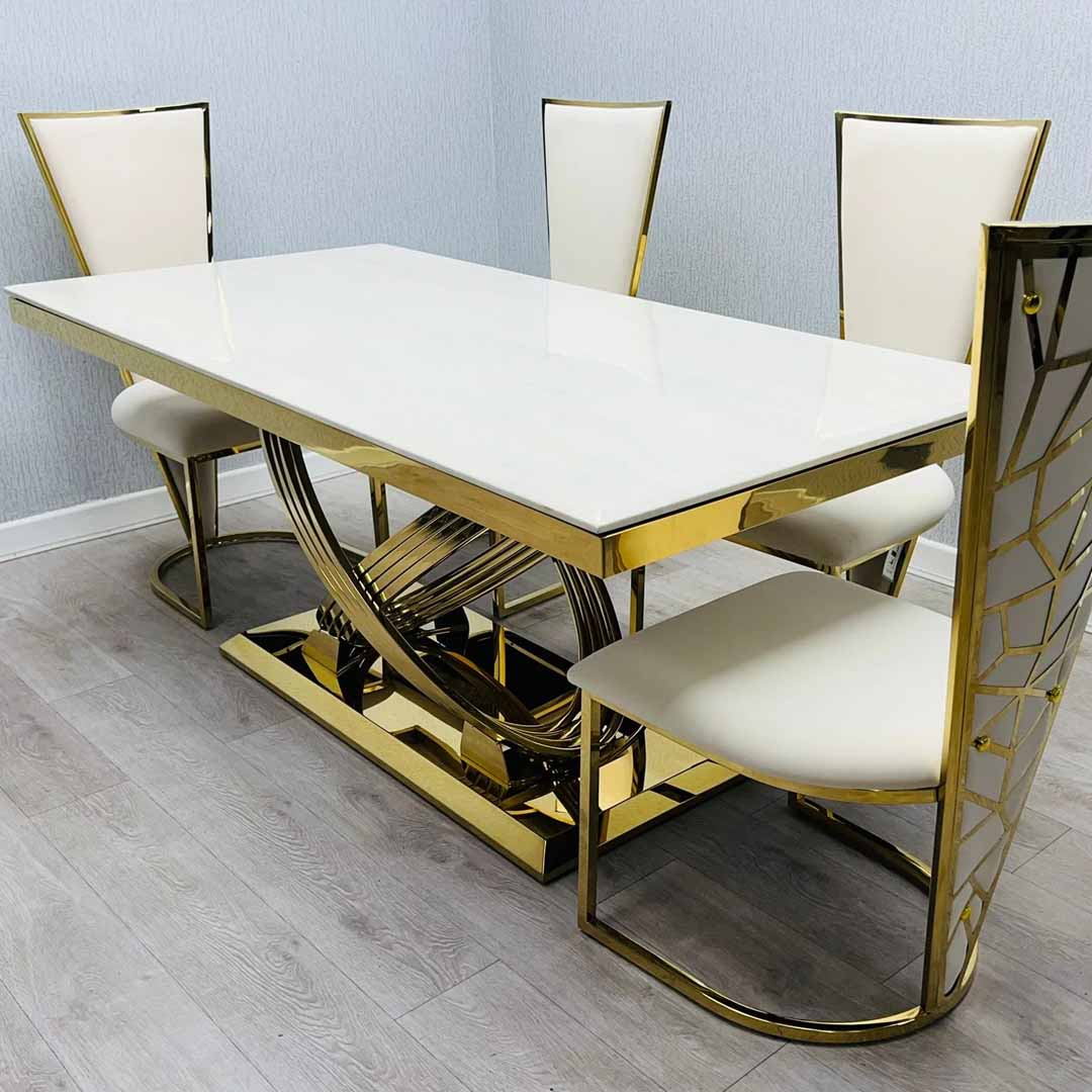 Elina 180cm Gold Dining Table With Florence High Back Velvet Gold Chairs