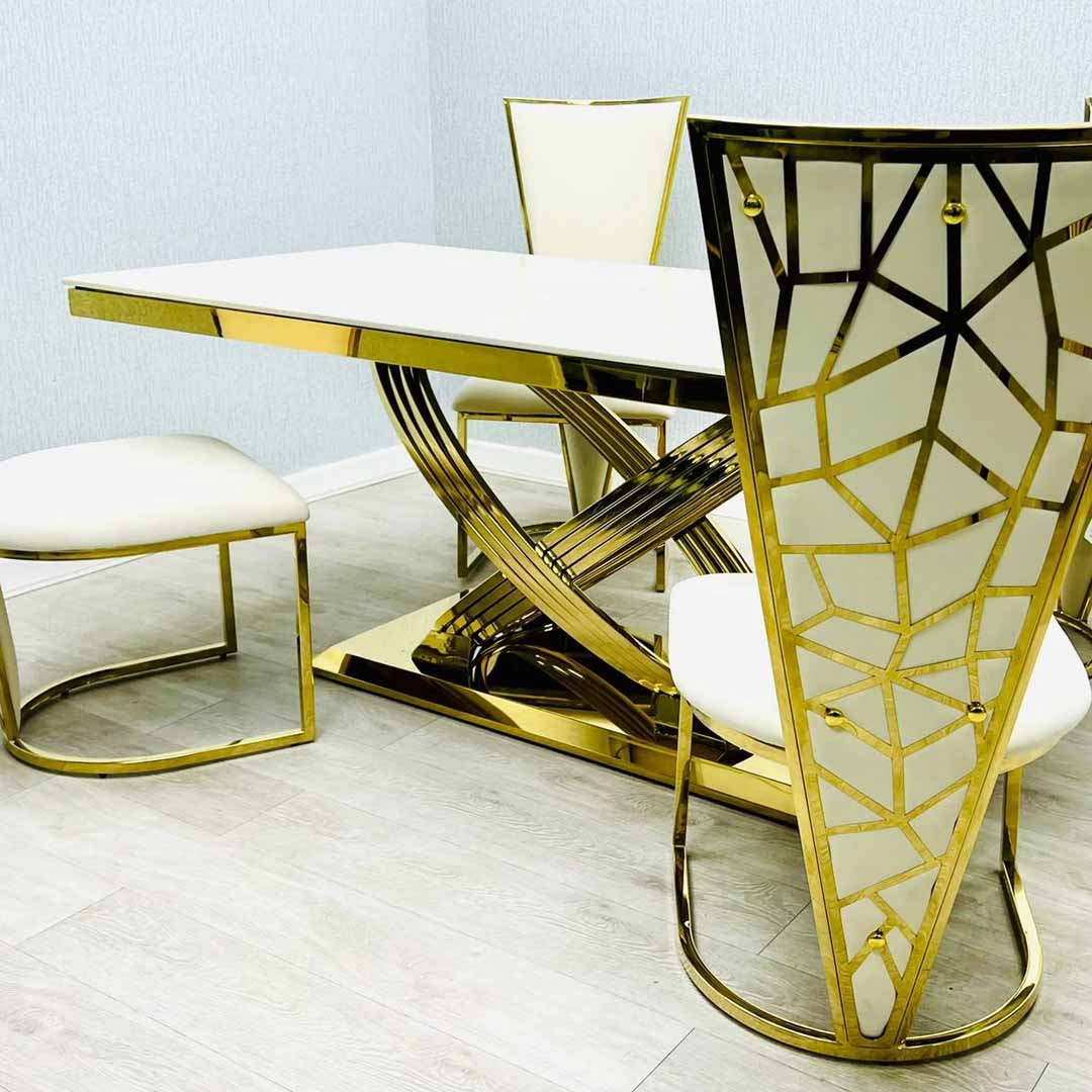 Elina 180cm Gold Dining Table With Florence High Back Velvet Gold Chairs