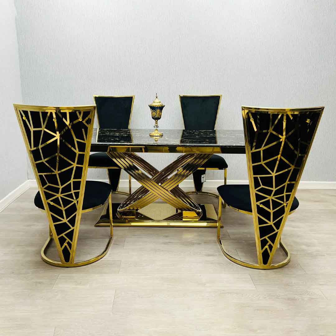 Elina 180cm Gold Dining Table With Florence High Back Velvet Gold Chairs