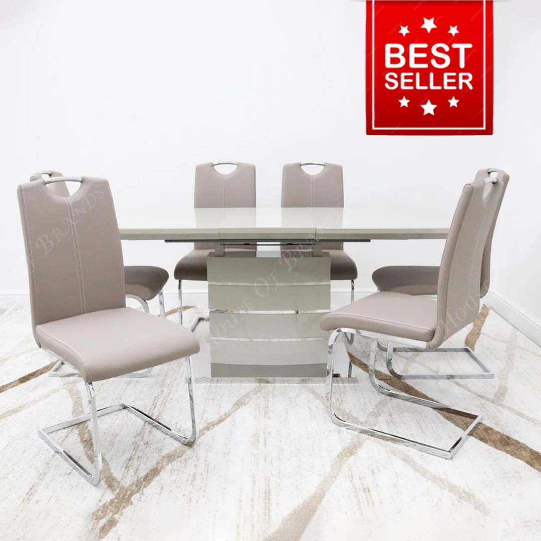 Beige Milan Extendable Dining Table with 6 Beige Milan Leather Chairs