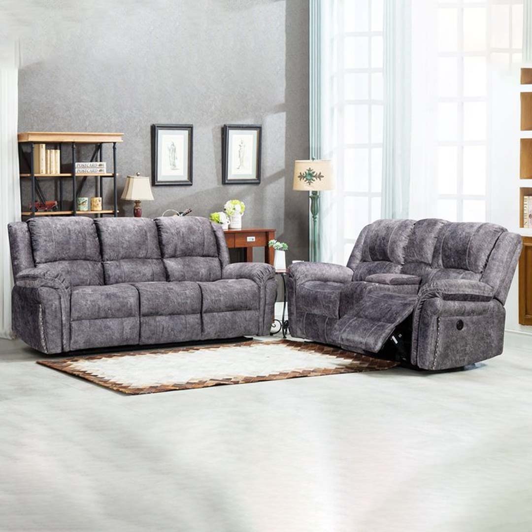 Galaxy Power Recliner Sofa Set in Velvet Silver with USB and Console