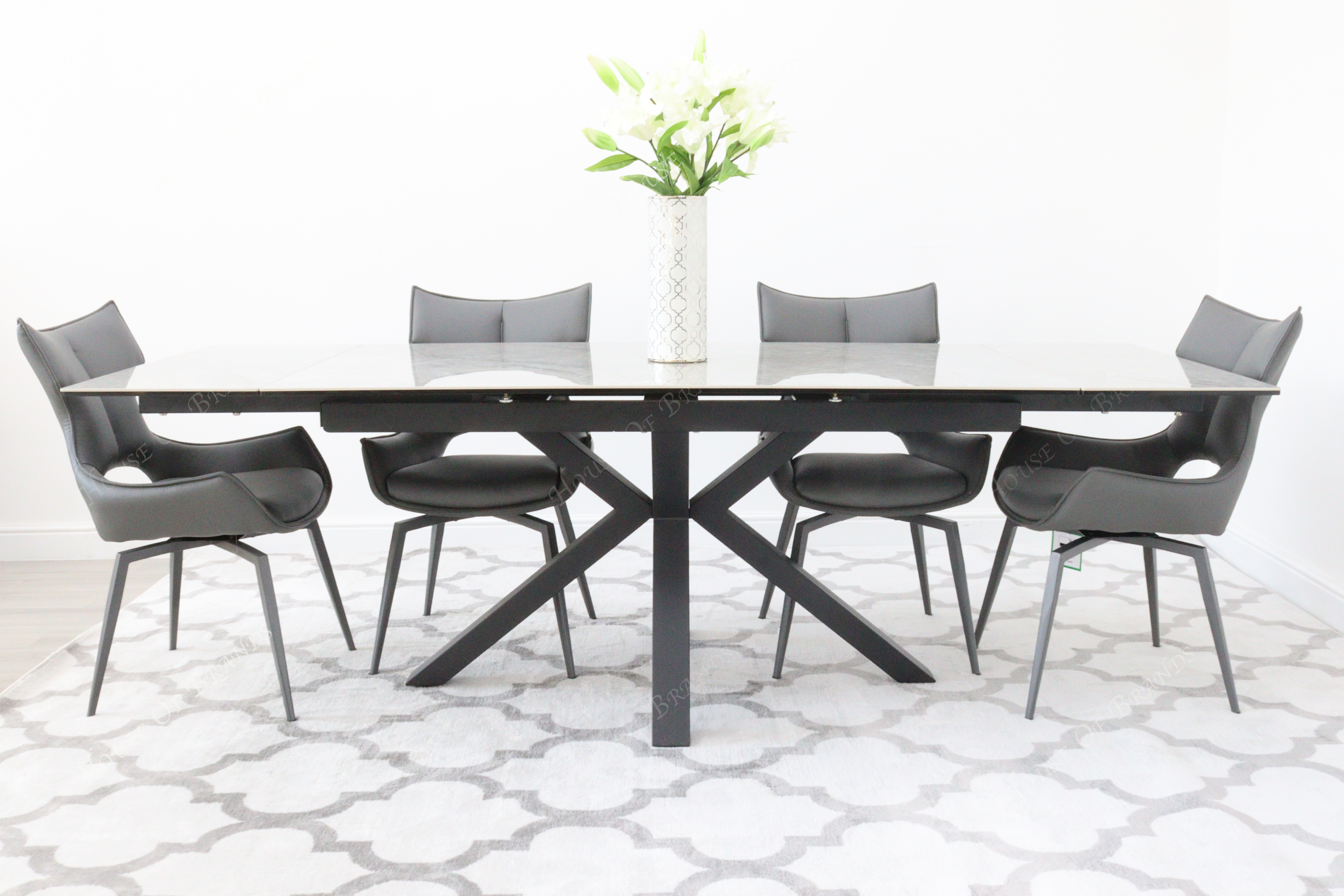 Phoenix Extendable Ceramic Dining Table and 4 Grey Rafaello Swivel Dining Chairs