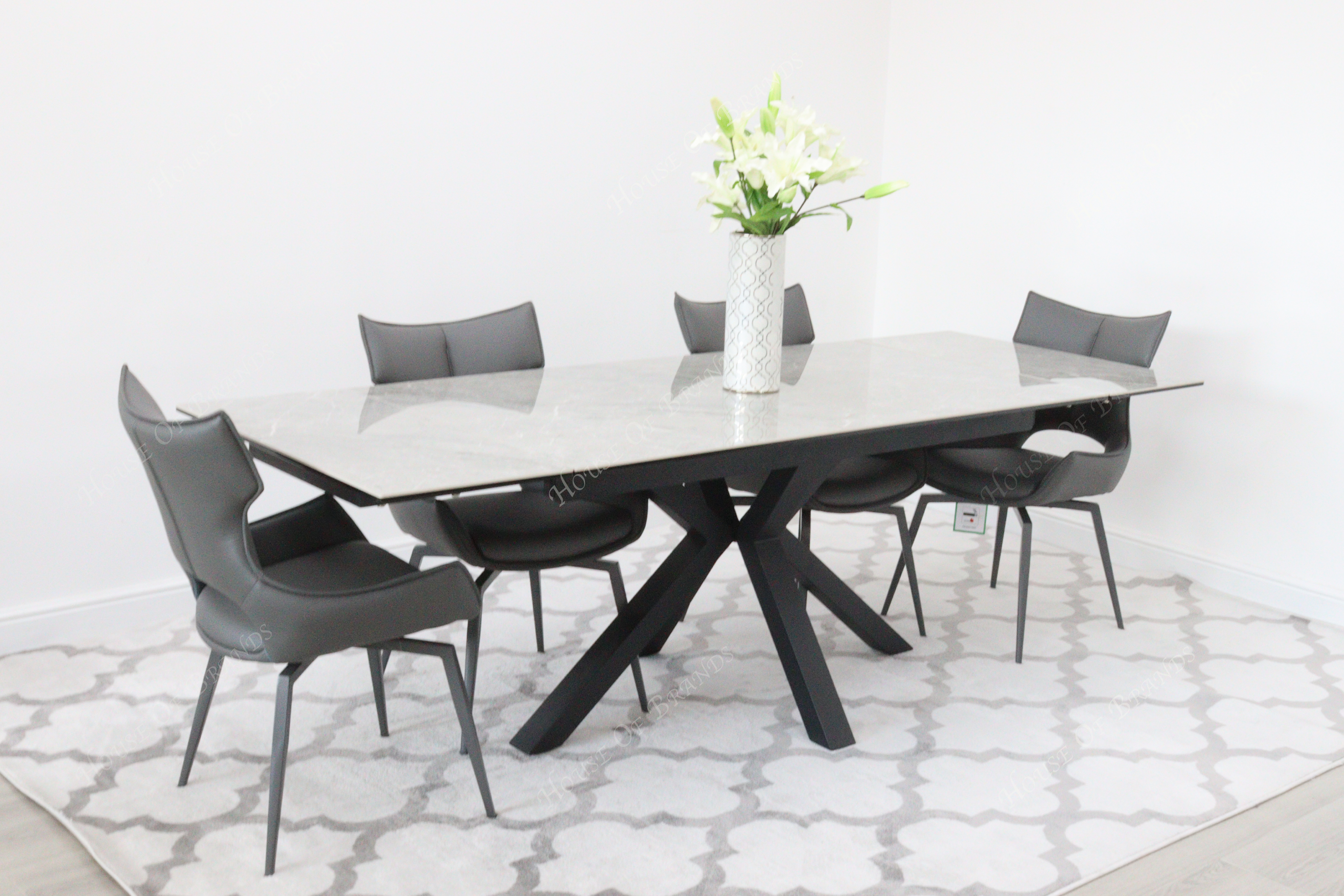 Phoenix Extendable Ceramic Dining Table and 4 Grey Rafaello Swivel Dining Chairs