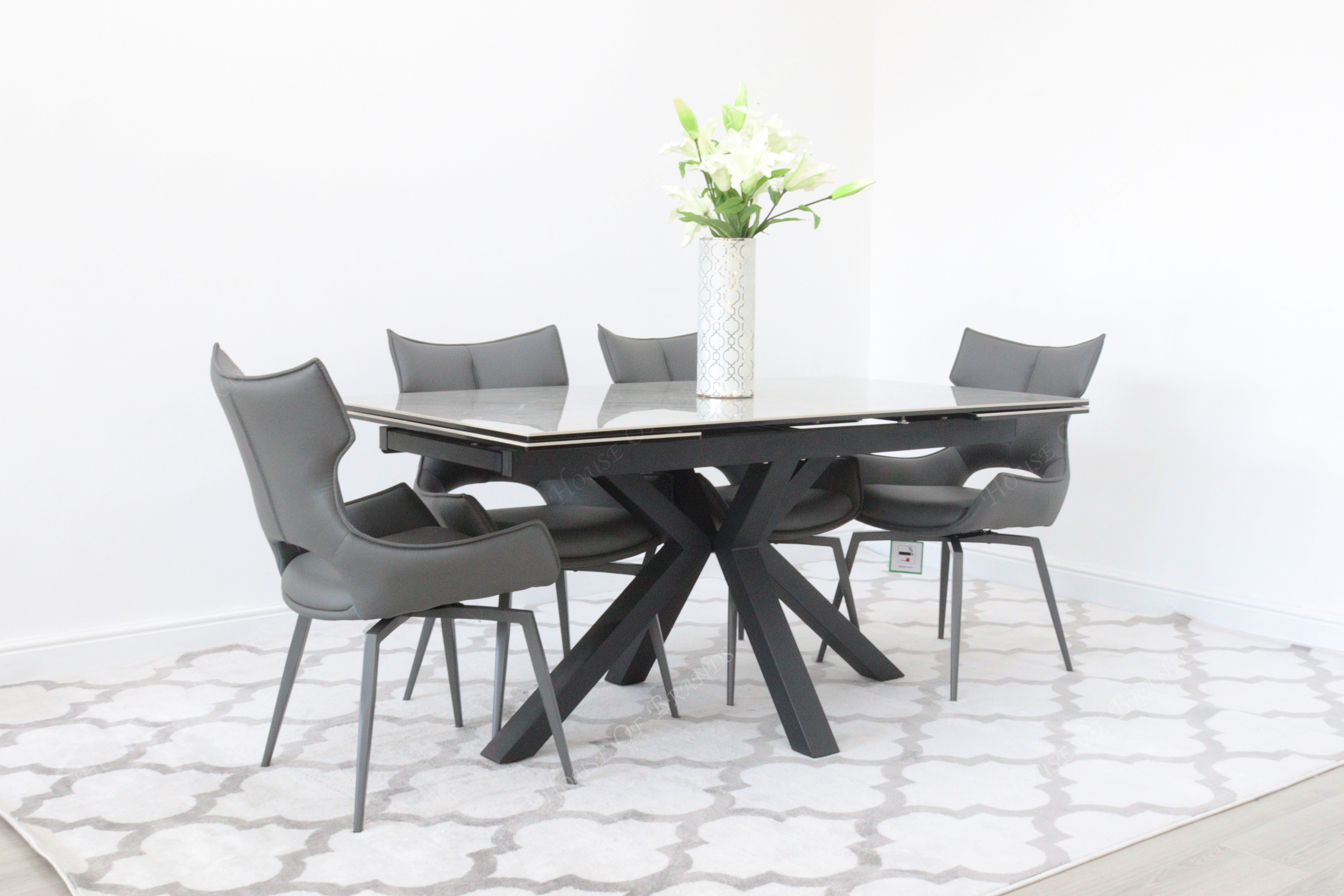 Phoenix Extendable Ceramic Dining Table and 4 Grey Rafaello Swivel Dining Chairs