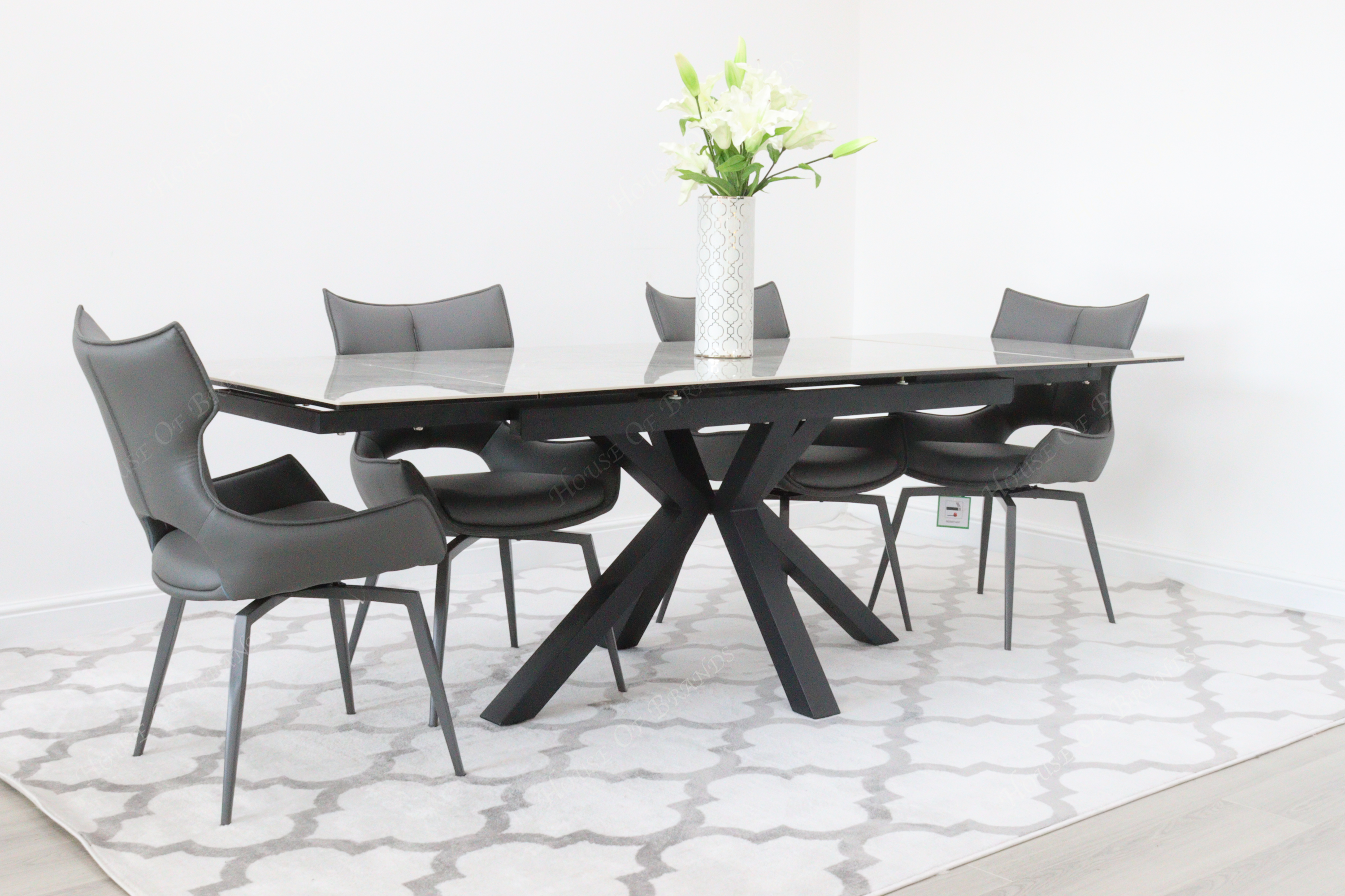 Phoenix Extendable Ceramic Dining Table and 4 Grey Rafaello Swivel Dining Chairs