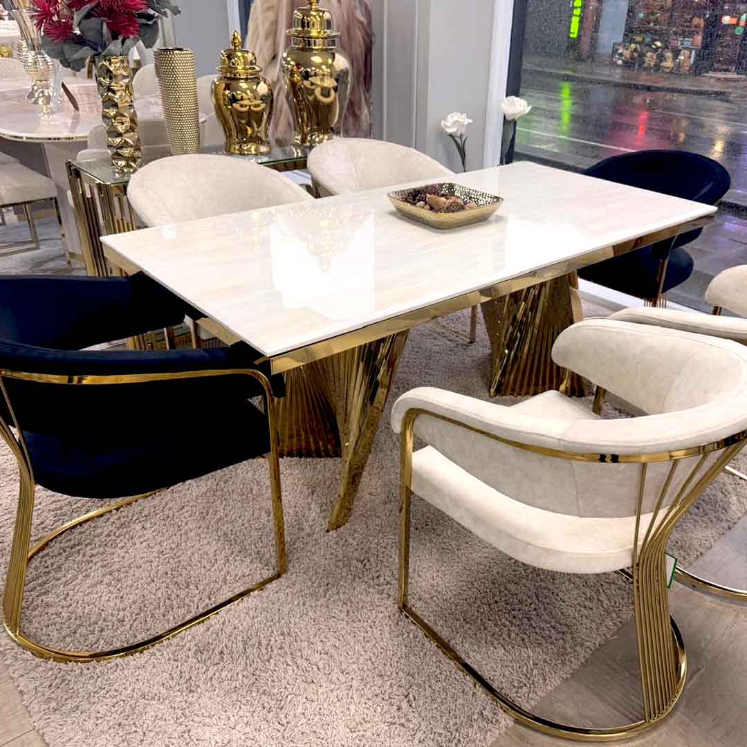 Ravello 180cm Gold Dining Table With Porado Gold Chairs