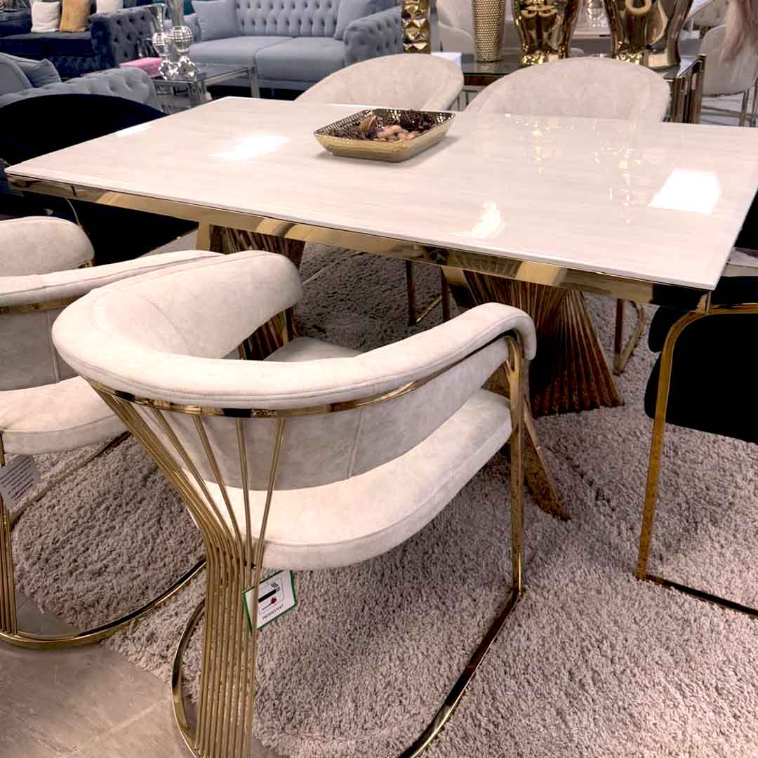 Ravello 180cm Gold Dining Table With Porado Gold Chairs