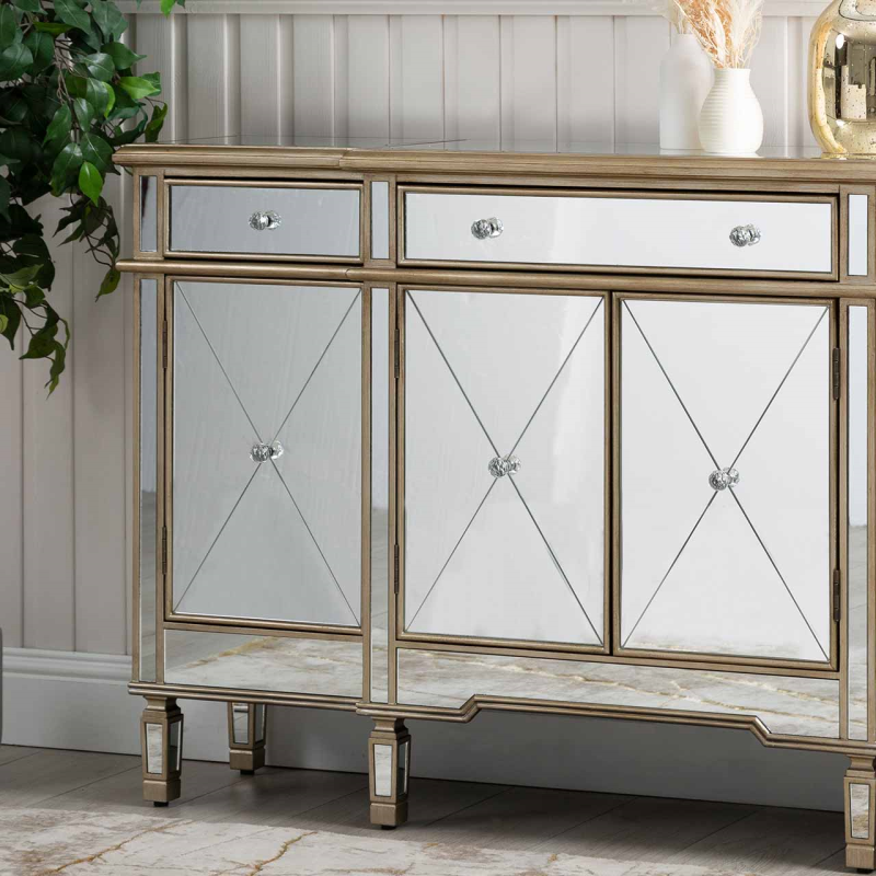 Beaumont Gold 3 Drawer 4 Door Mirror Cabinet