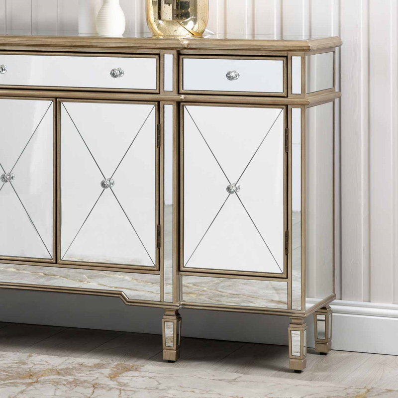 Beaumont Gold 3 Drawer 4 Door Mirror Cabinet