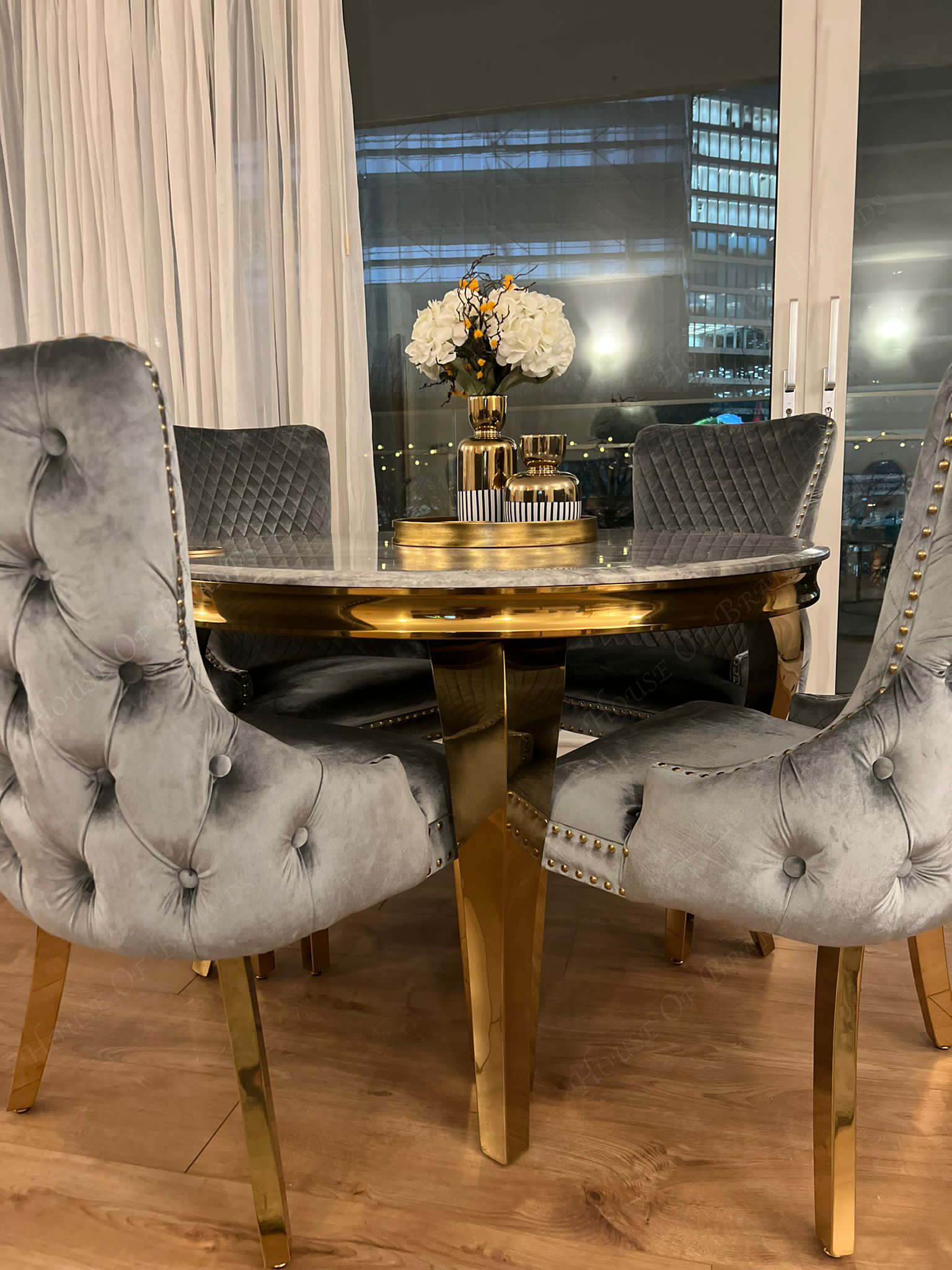 110cm Round Gold Louis Marble Dining Table and 4 Majestic Gold Knockerback Dining Chairs