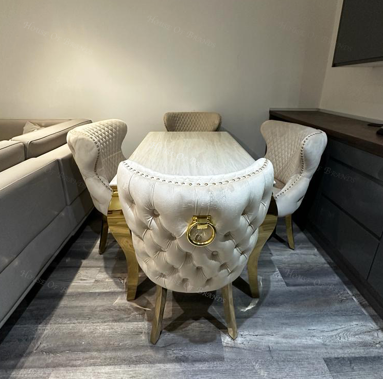 120cm Cream and Gold Louis Marble Dining Table with 4 Mink Valentino Gold Knockerback Chairs