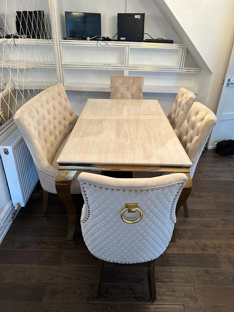 160cm Cream Gold Louis Marble Dining Table with 4 Cream Velvet Gold Majestic Chairs and Cream Velvet Gold Majestic Bench