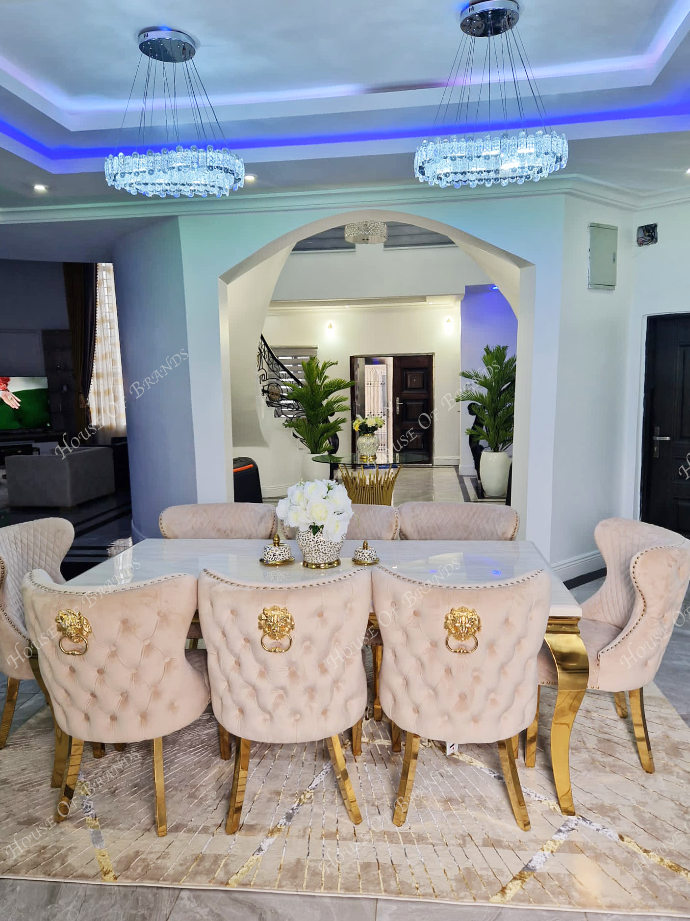 200cm Cream and Gold Louis Marble Dining Table with 8 Cream and Gold Valentino Velvet Chairs